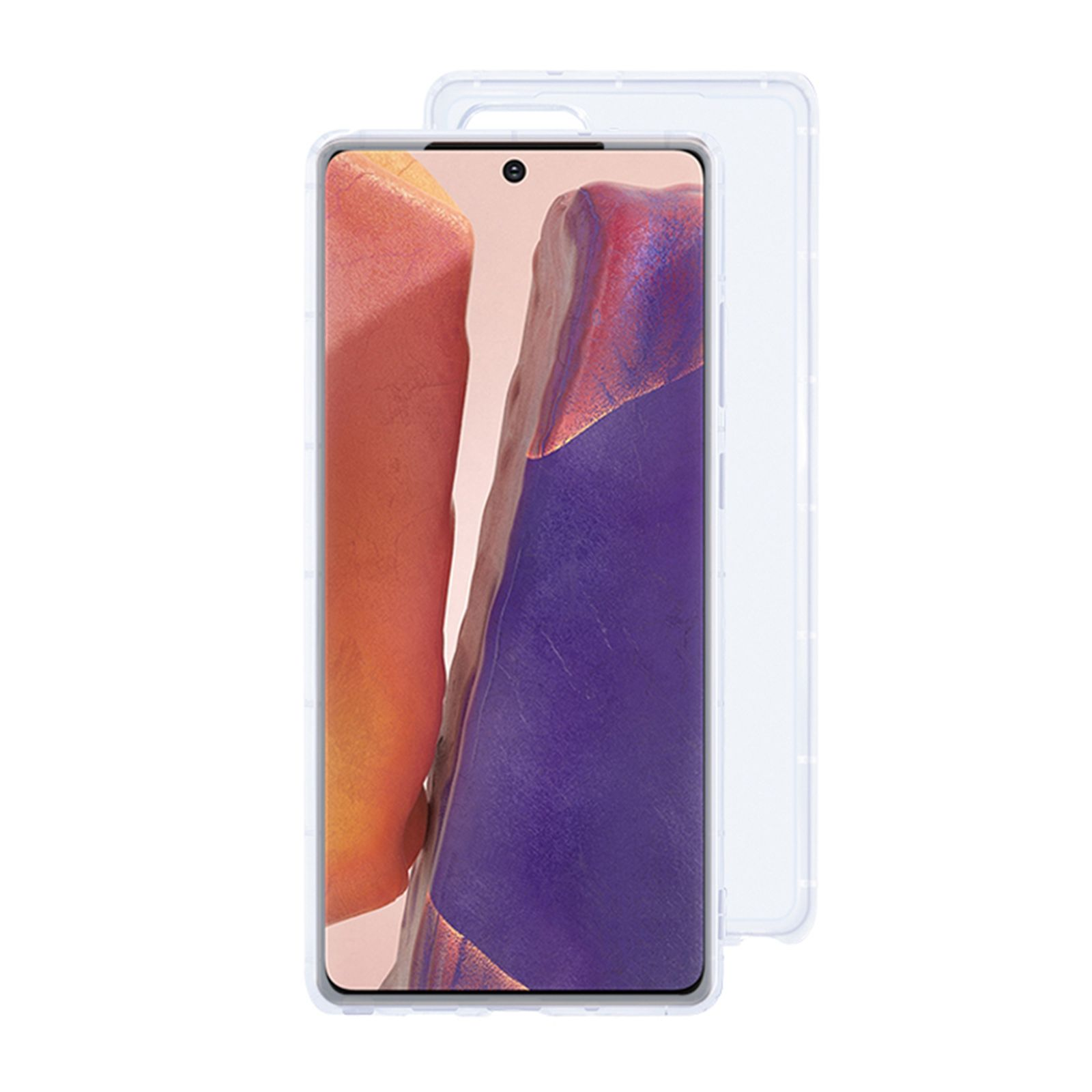 Transparente Handyhülle auf Telefon mit lila und orangem Hintergrund.