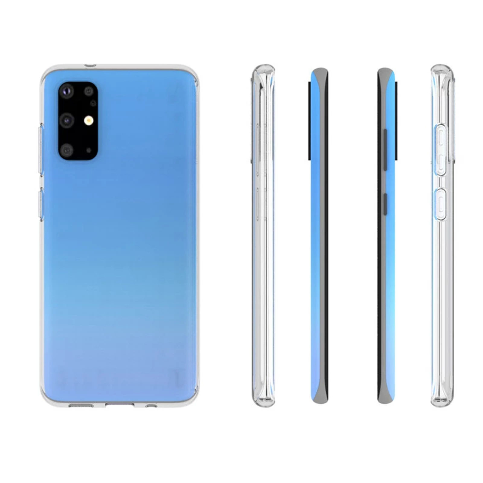 Ein Telefon mit hellblauem Farbverlauf, Seitenansicht des Telefons.