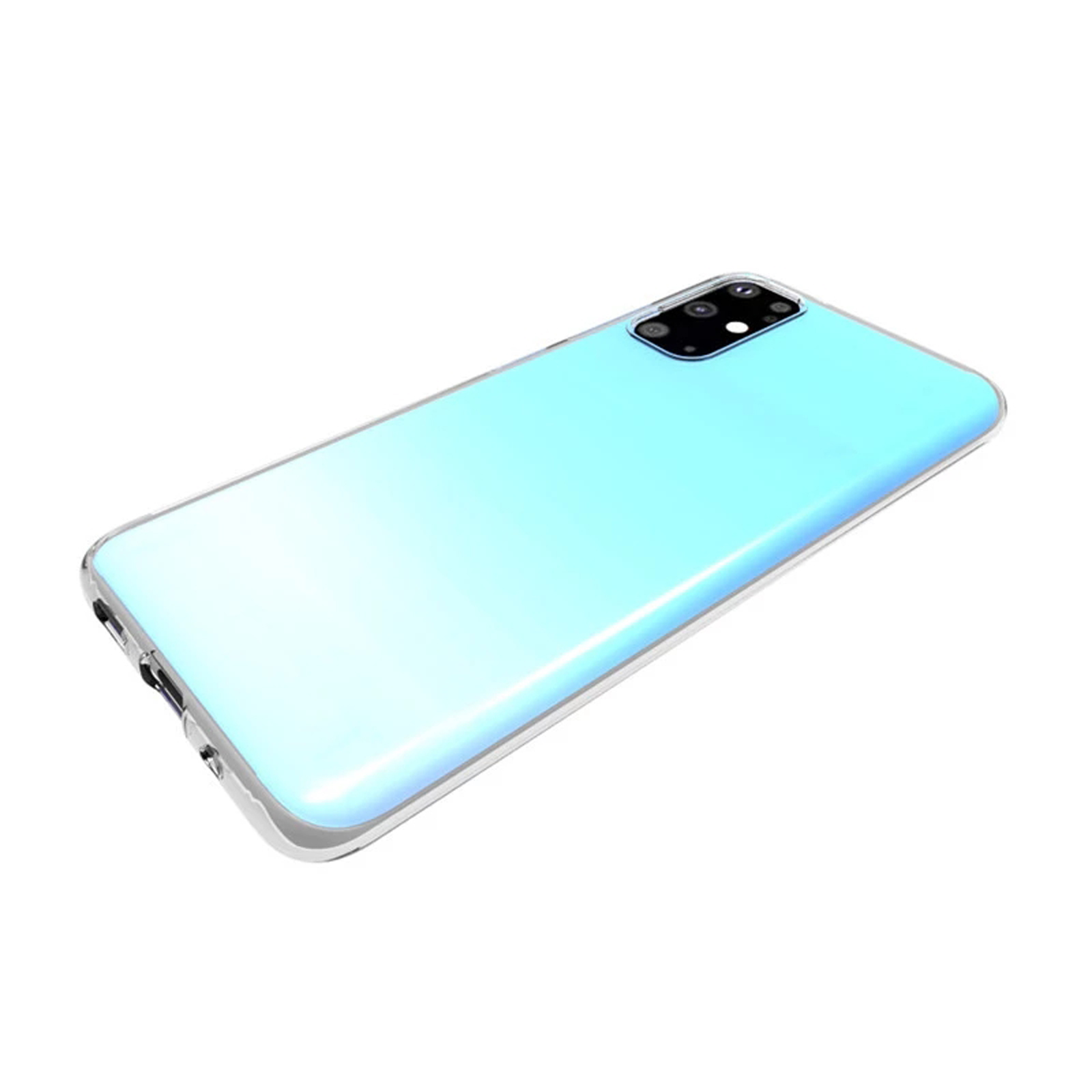 Ein Telefon mit hellblauer Rückseite und klarer, reflektierender Oberfläche.