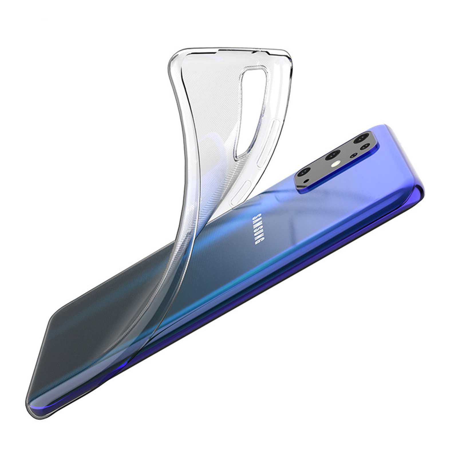 Eine transparente, flexible Handyhülle wird von einem blauen Telefon abgezogen. Das Telefon hat eine Kamera.