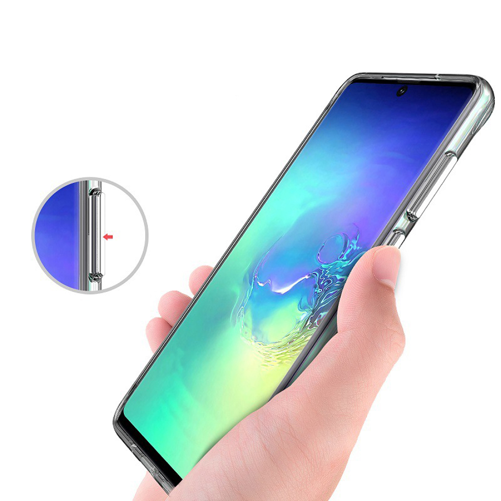 Hand, die eine transparente Handyhülle hält, die ein Handy mit farbenfrohem Bildschirm zeigt.