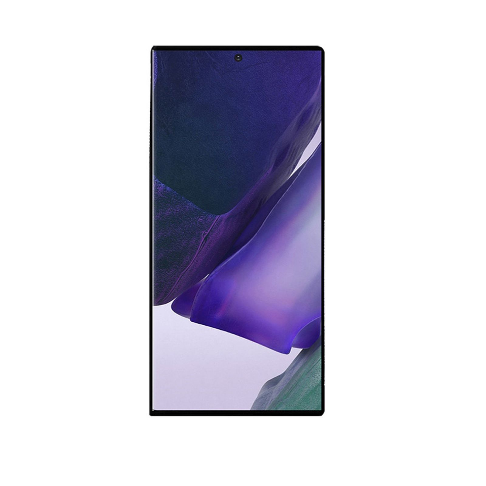 Ein Smartphone mit dunklem Bildschirm. Es hat einen abstrakten Hintergrund in Lila und Blau.