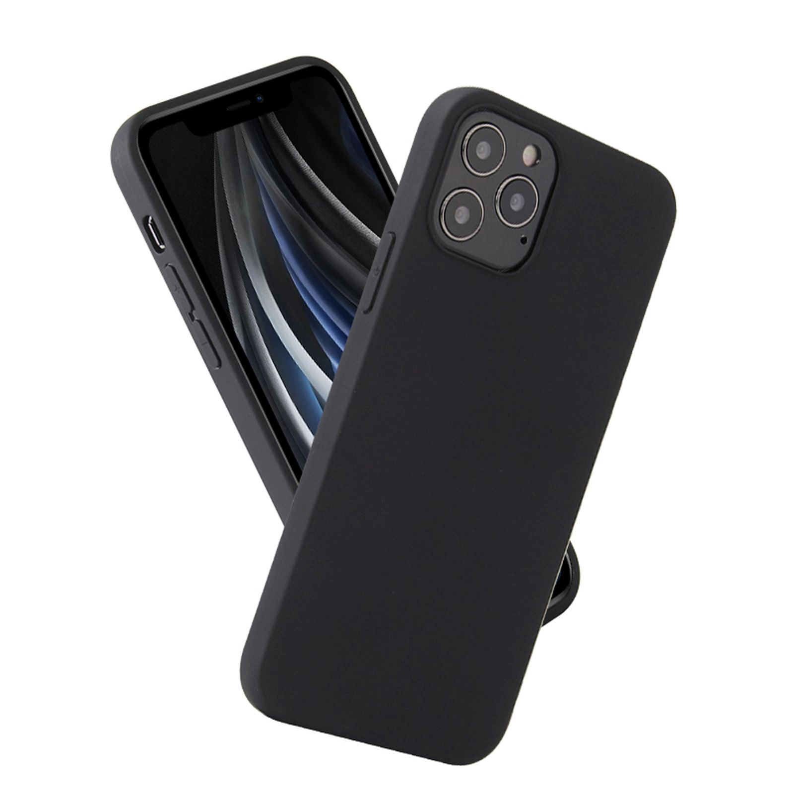 Schwarze Handyhülle mit einem Telefon darin. Das Telefon hat einen schwarzen Bildschirm.