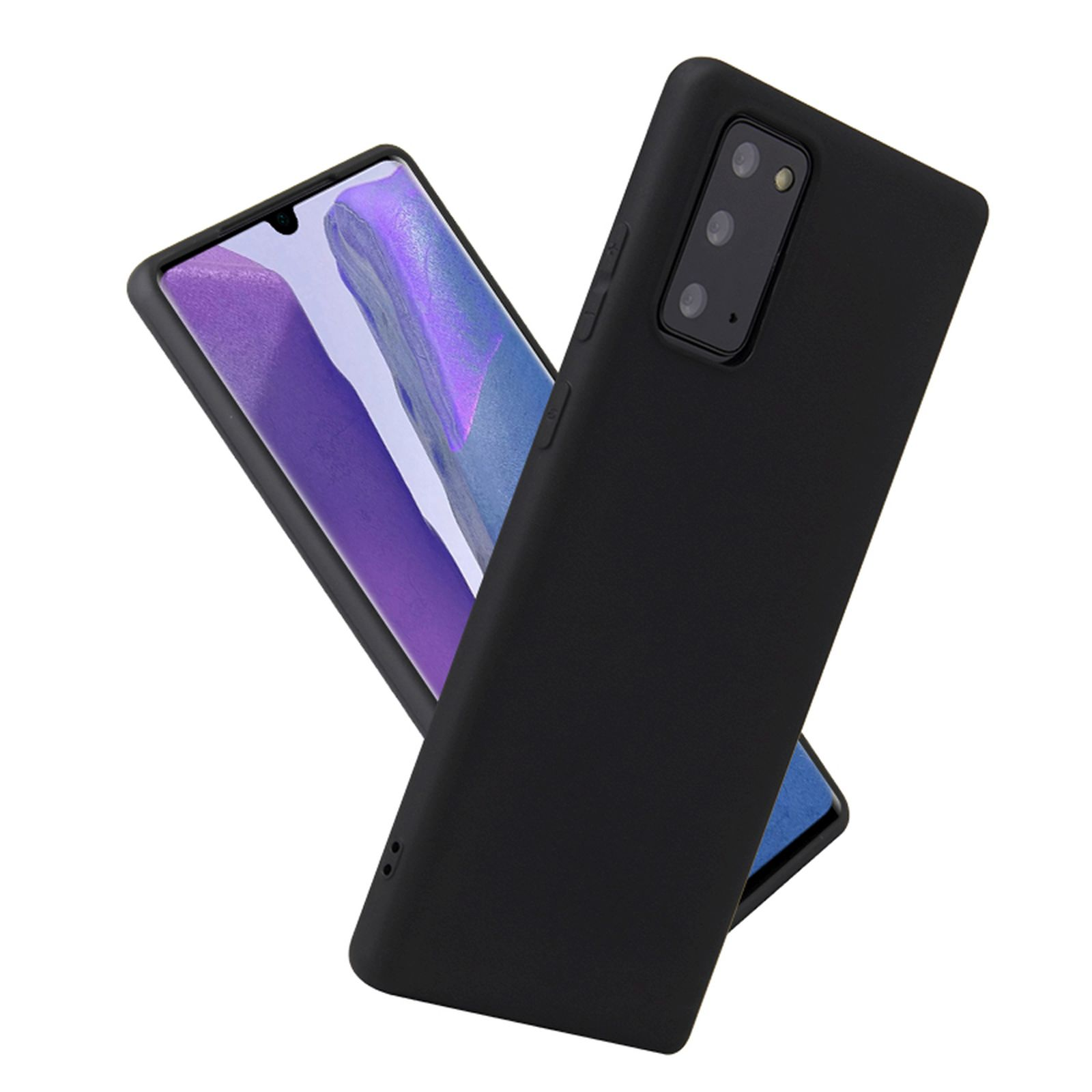 Ein schwarzes Telefon und eine schwarze Hülle, leicht angewinkelt, zeigt die Rückseite.