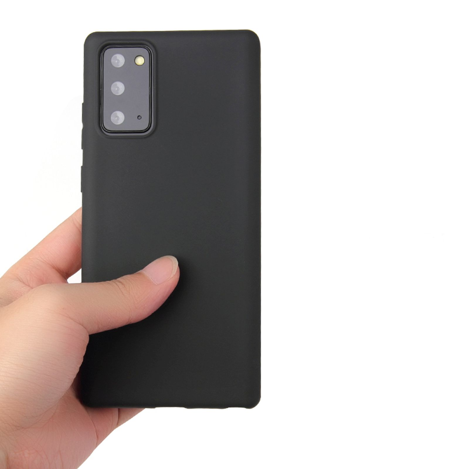 Eine schwarze Handyhülle, die von einer Hand gehalten wird. Die Hülle hat einen Kameraausschnitt und eine glatte Oberfläche.