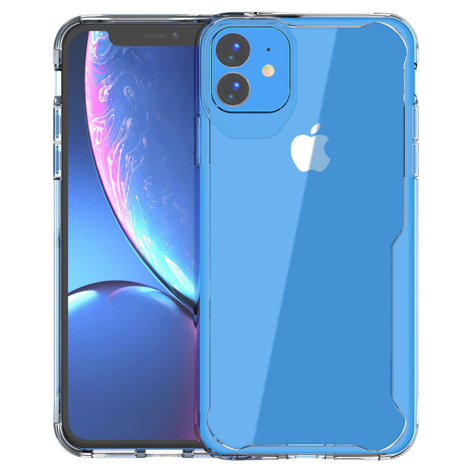 Blaue Handyhülle auf einem Telefon, mit Kamera.
