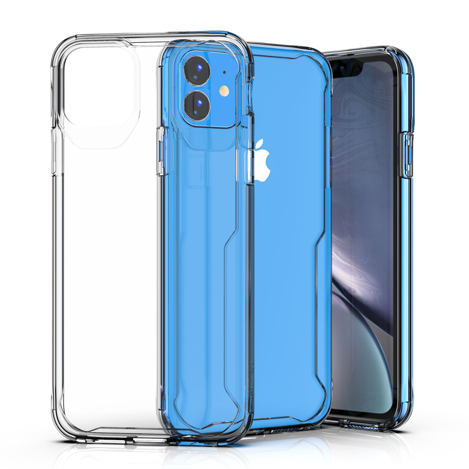 Eine transparente Schutzhülle auf weißem Hintergrund, neben einem blauen Telefon.