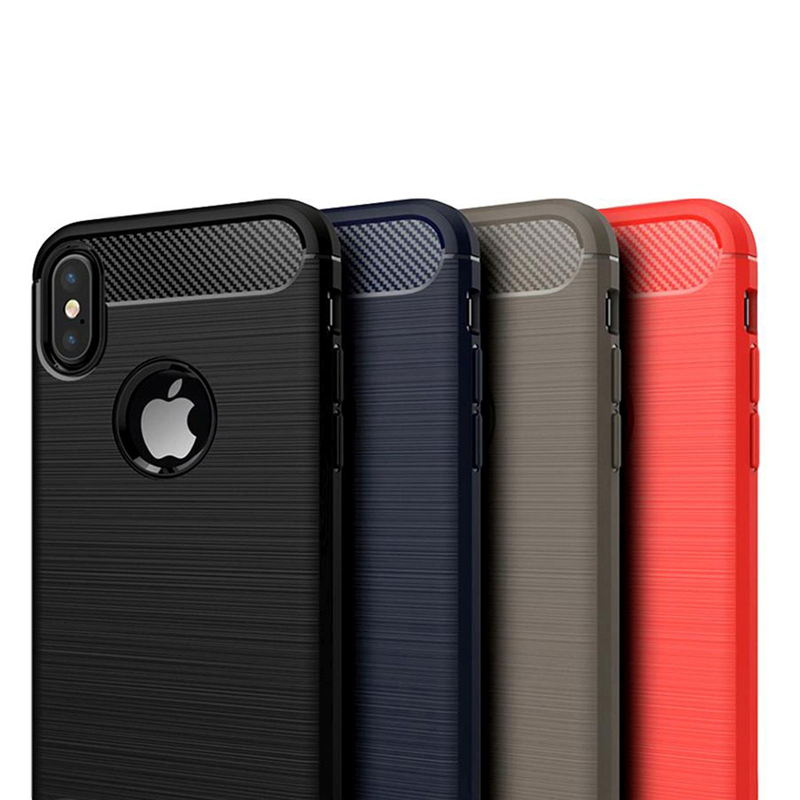 Vier Handyhüllen: schwarz, marineblau, grau und rot. Sie haben einen Carbonfaser-Look um die Kamera.