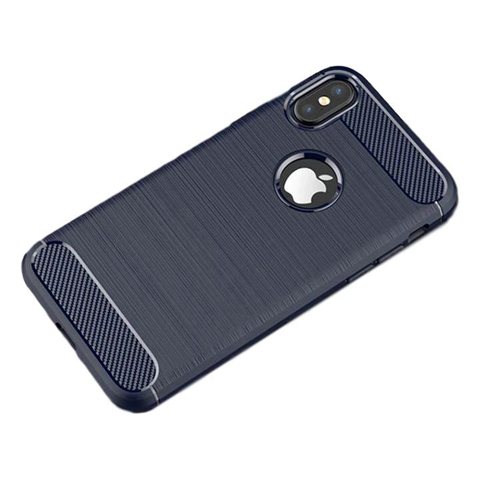 Eine dunkelblaue Handyhülle mit Carbonfaser-Textur und Apple-Logo.