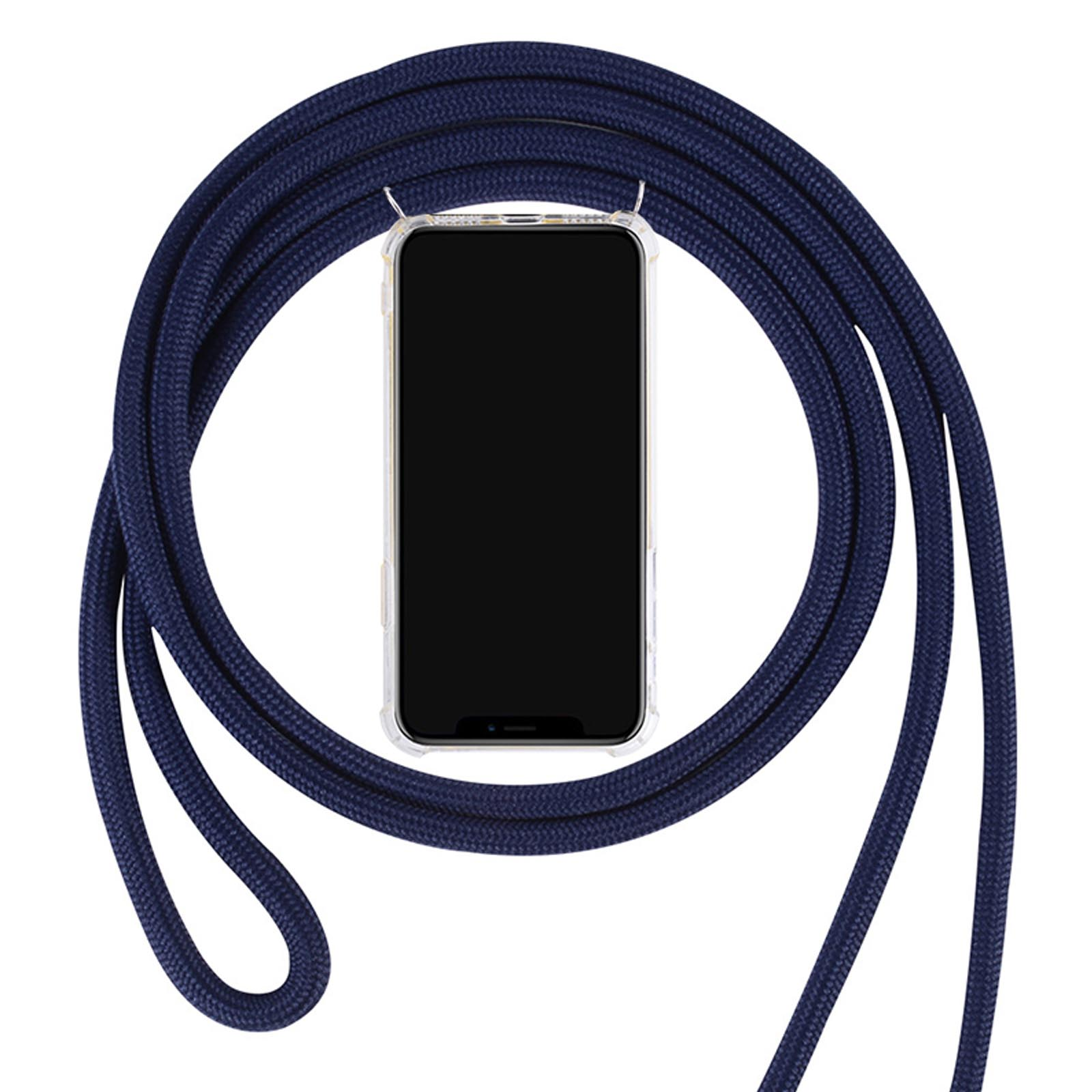 Marineblaues Telefonkabel, hält ein Telefon in einer transparenten Hülle, mit weißem Hintergrund.