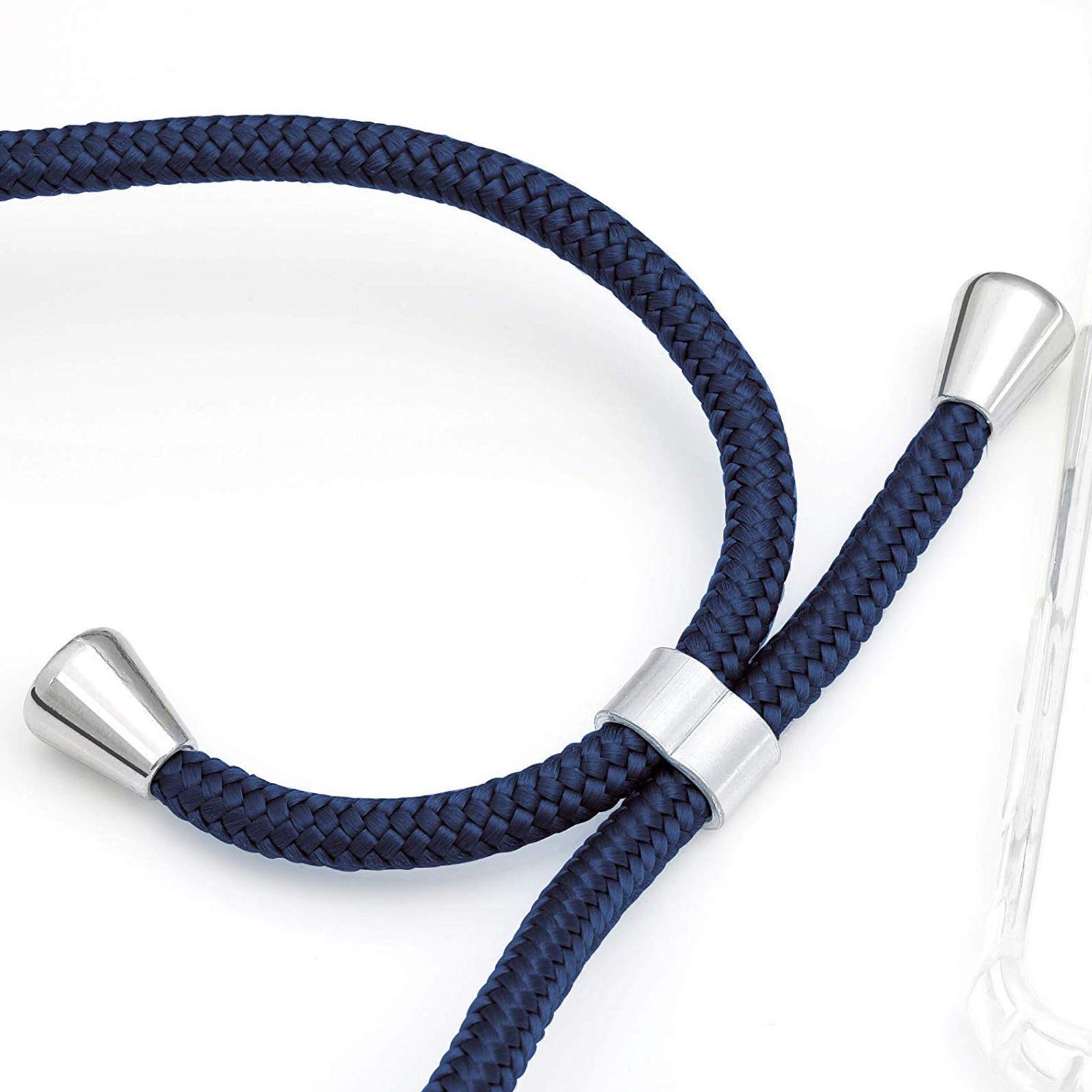 Nahaufnahme eines marineblauen geflochtenen Telefon-Lanyards mit silbernen Metallakzenten.