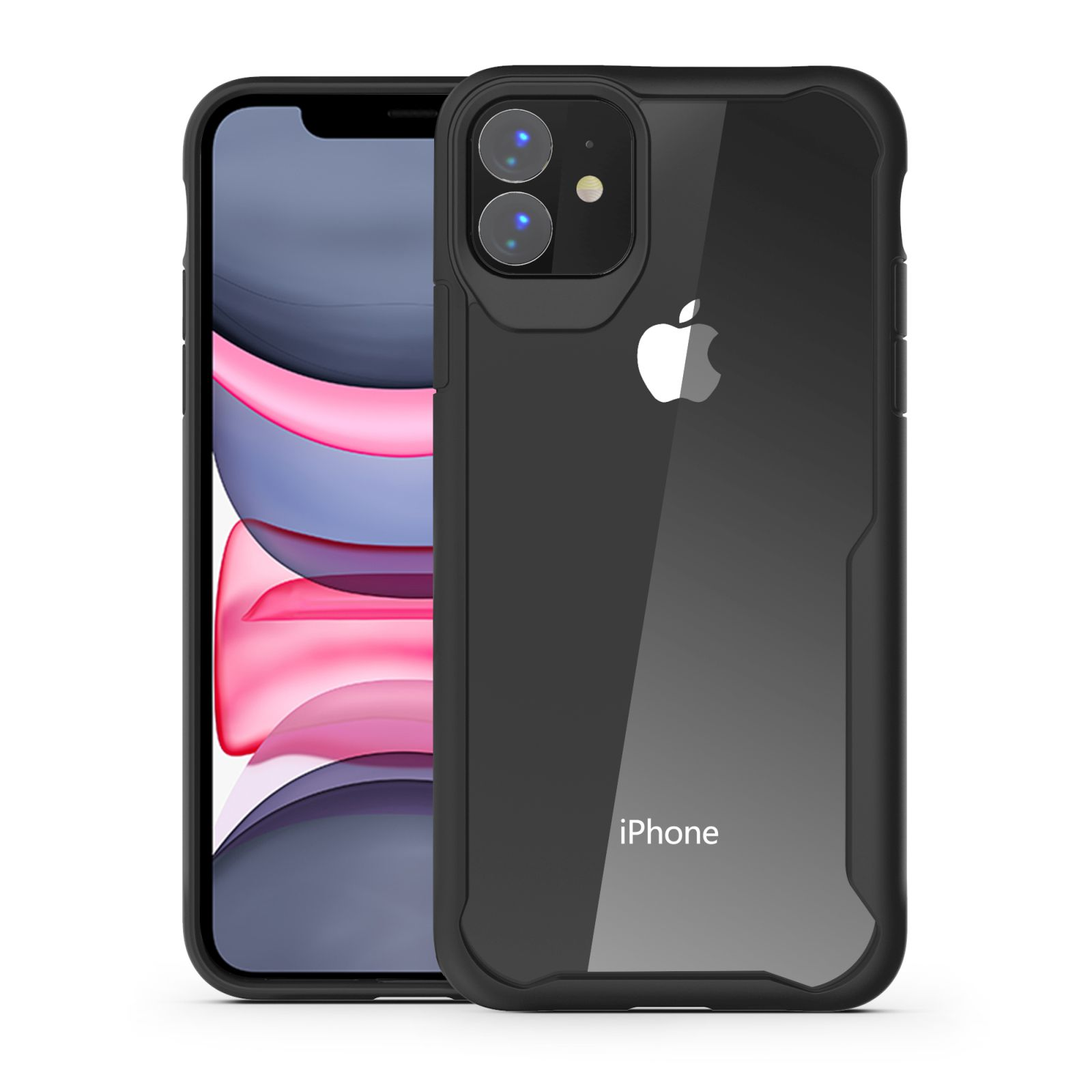 Schwarzes iPhone mit Hülle. Das Telefon hat eine schwarze Hülle und zeigt Rückseite und Bildschirm.