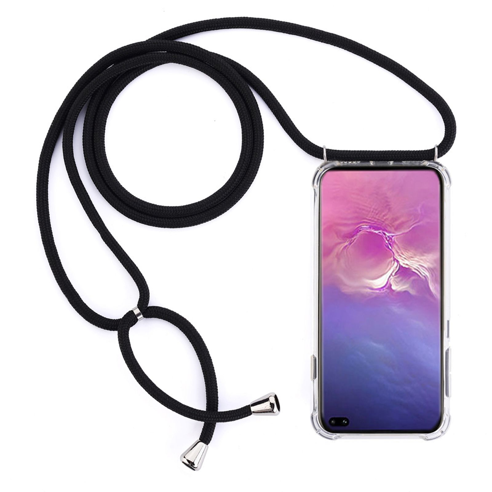 Telefon in klarer Hülle mit schwarzem Seil. Das Seil verläuft um den Hals, mit silbernen Enden.