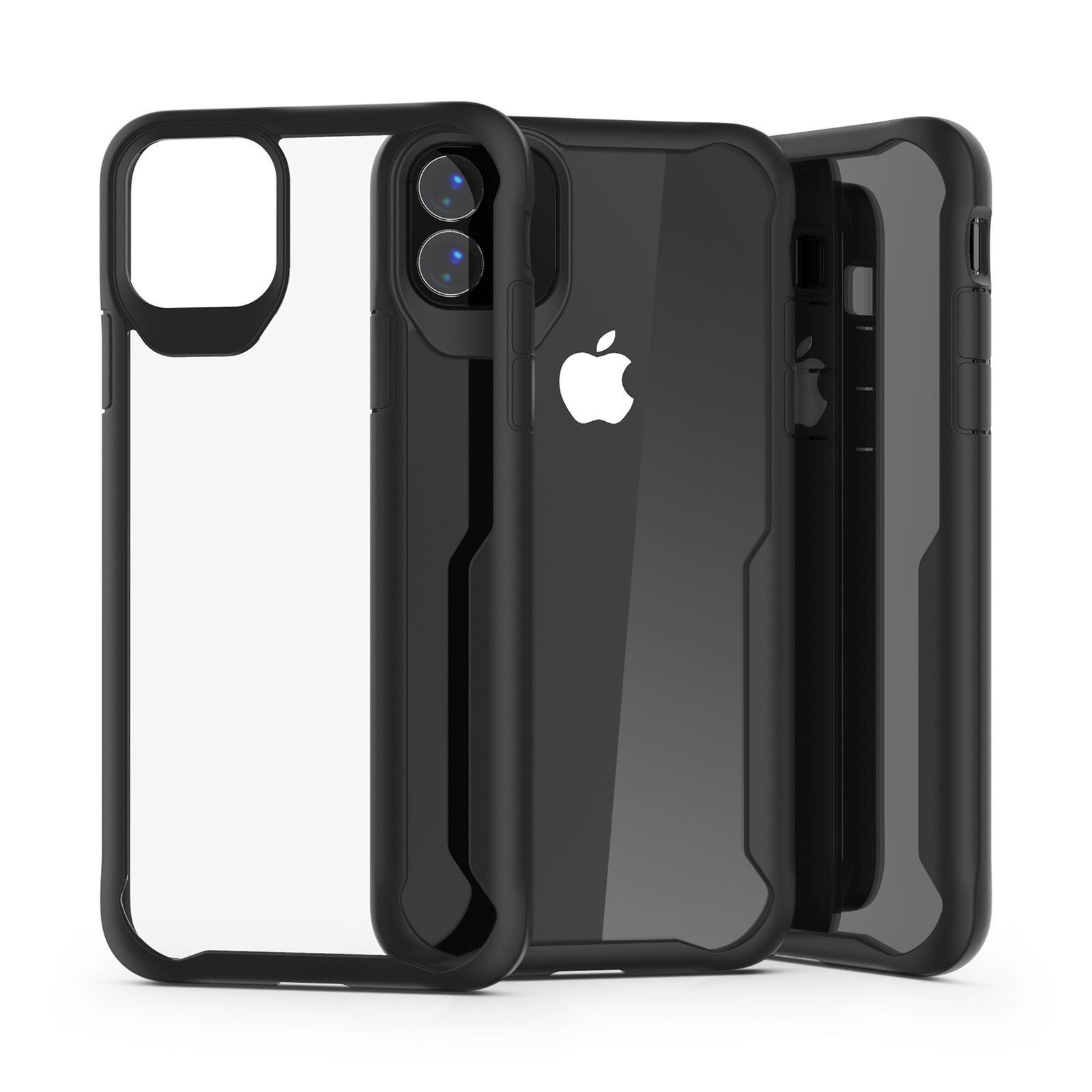 Drei schwarze Handyhüllen. Transparente Rückseite und schwarze Ränder. Weißer Hintergrund.