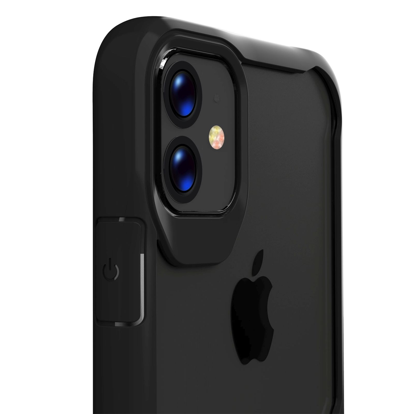 Nahaufnahme einer schwarzen Handyhülle mit Kameralinsen und dem Apple-Logo.