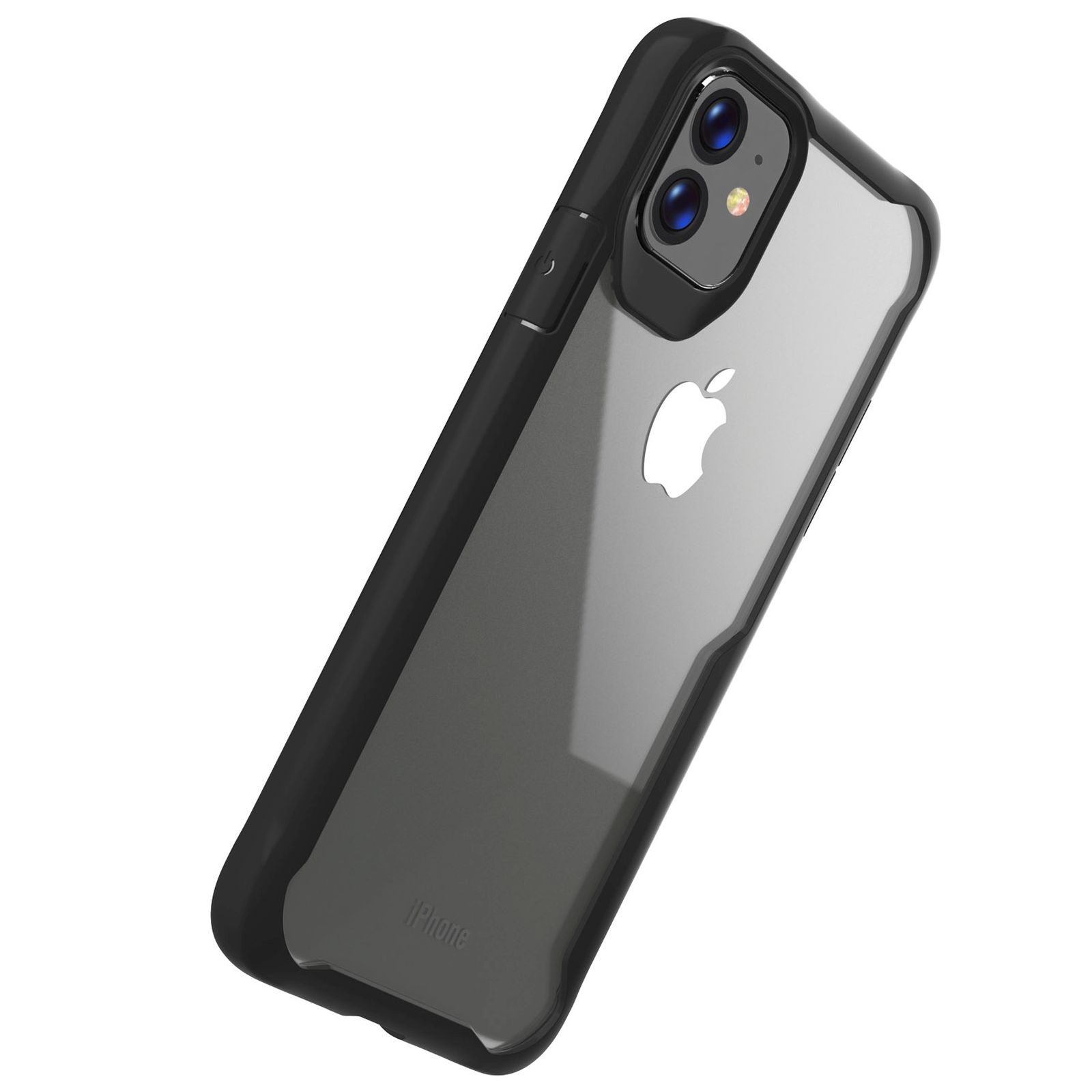 Schwarze und transparente iPhone-Hülle, abgewinkelt, um das Telefon zu zeigen.