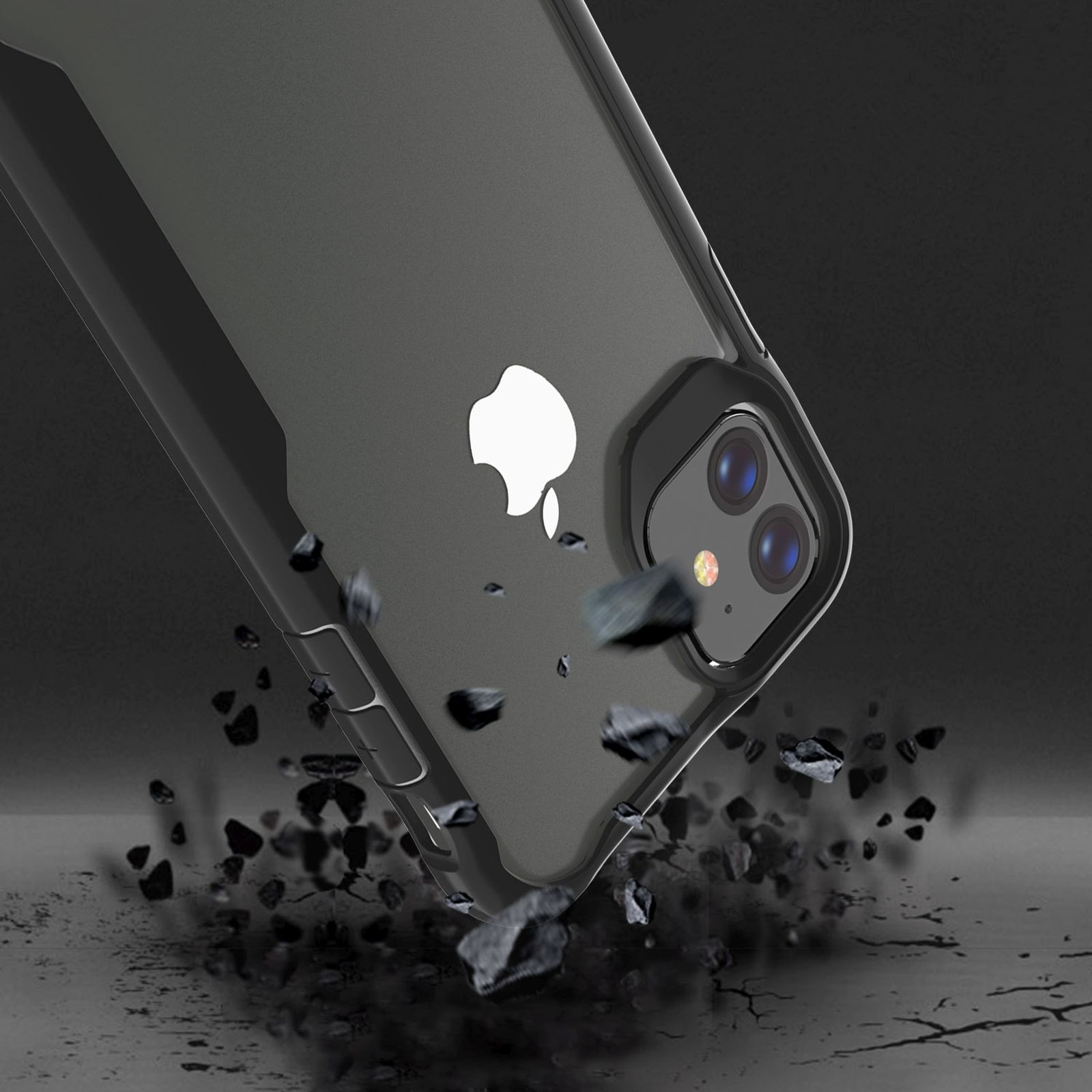 Eine Handyhülle mit Apple-Logo und Rissstein-Effekten. Die Hülle befindet sich auf dunklem Hintergrund.