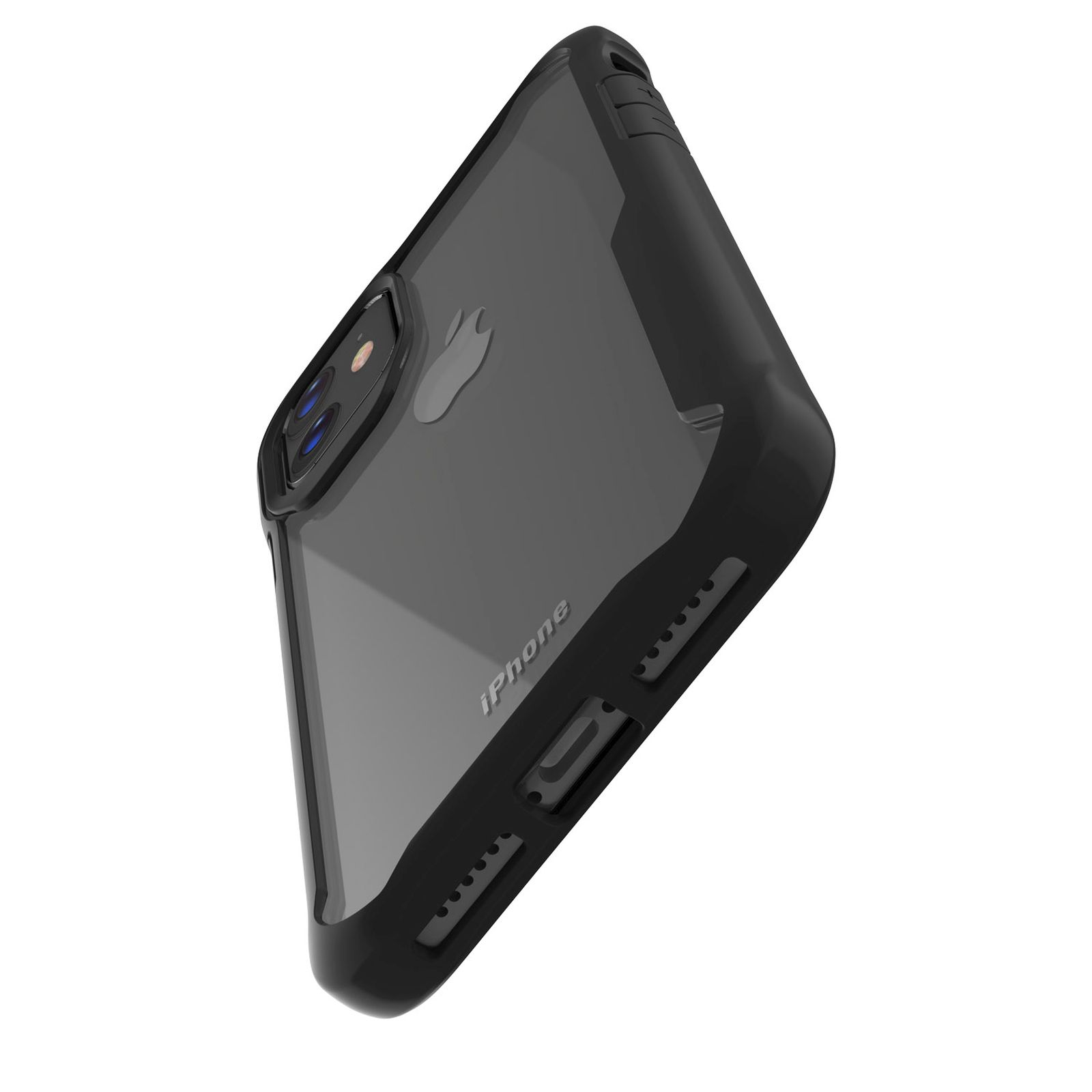 Schwarze iPhone-Hülle mit transparentem Rücken. Der Rücken zeigt das Apple-Logo. Die Hülle liegt auf einer weißen Oberfläche.