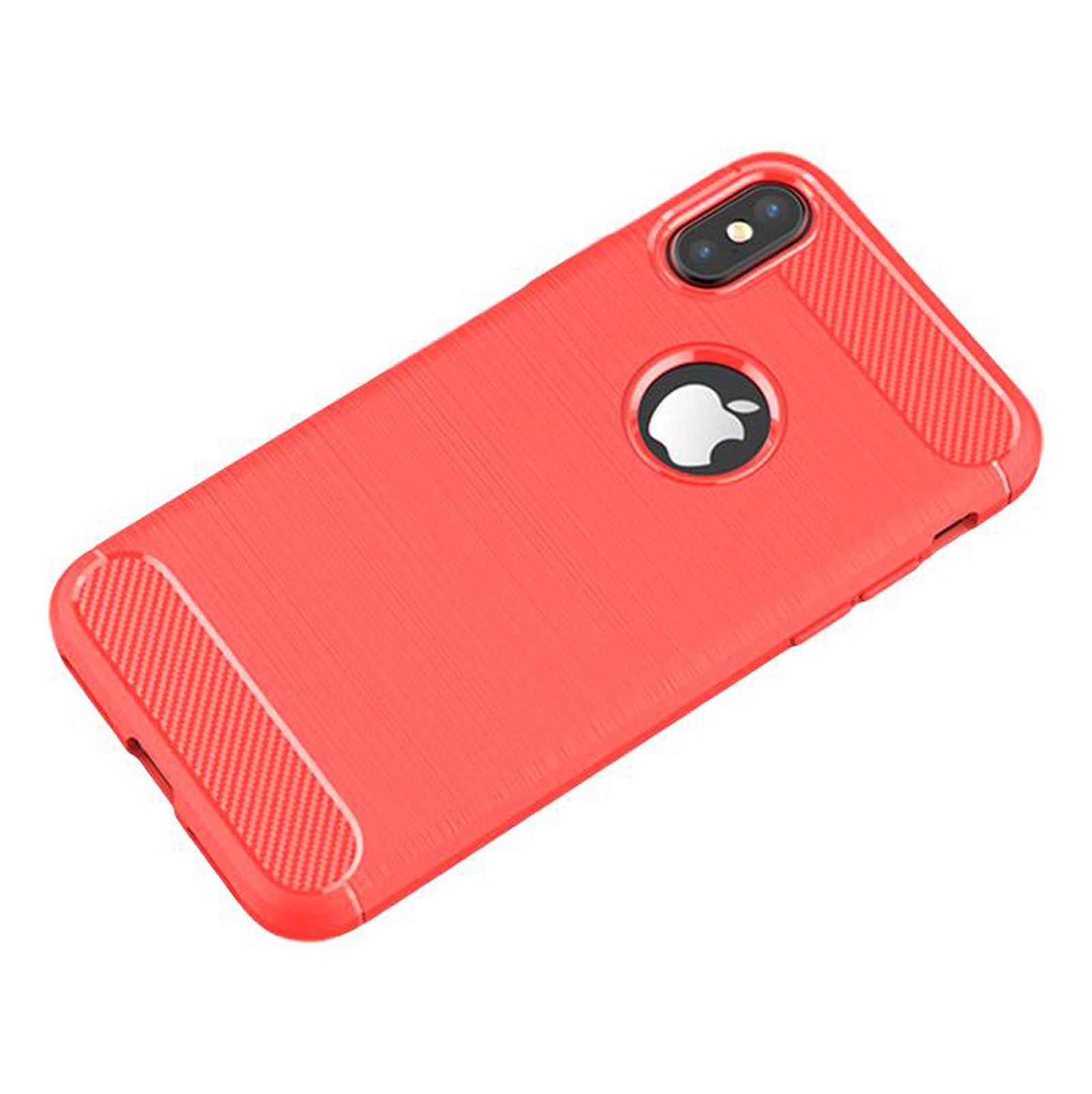 Rote Handyhülle mit Apple-Logo auf strukturierter Oberfläche.