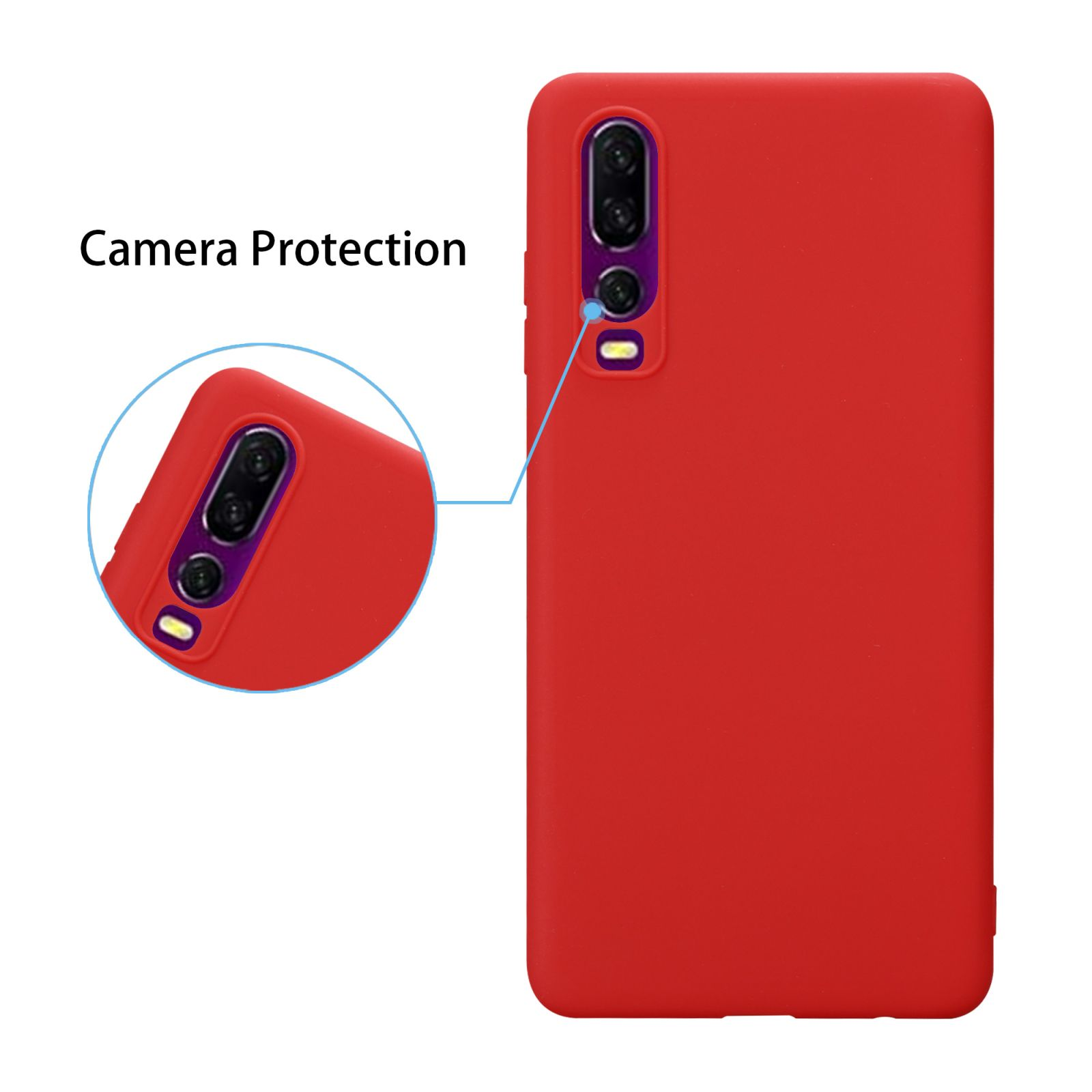 Rote Handyhülle mit hervorgehobenem Kamerabereich und Text 'Camera Protection'.