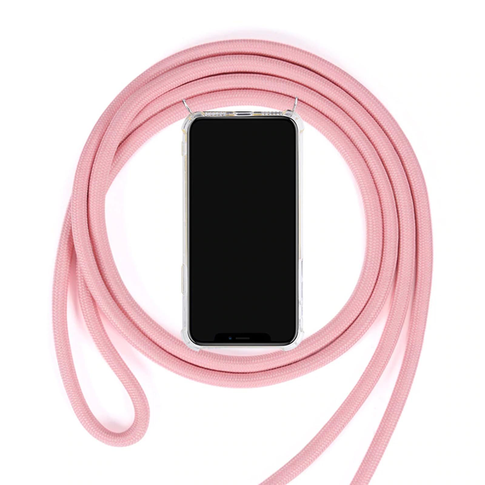 Ein Telefon in einer durchsichtigen Hülle mit einer rosa Schnur darum gewickelt.
