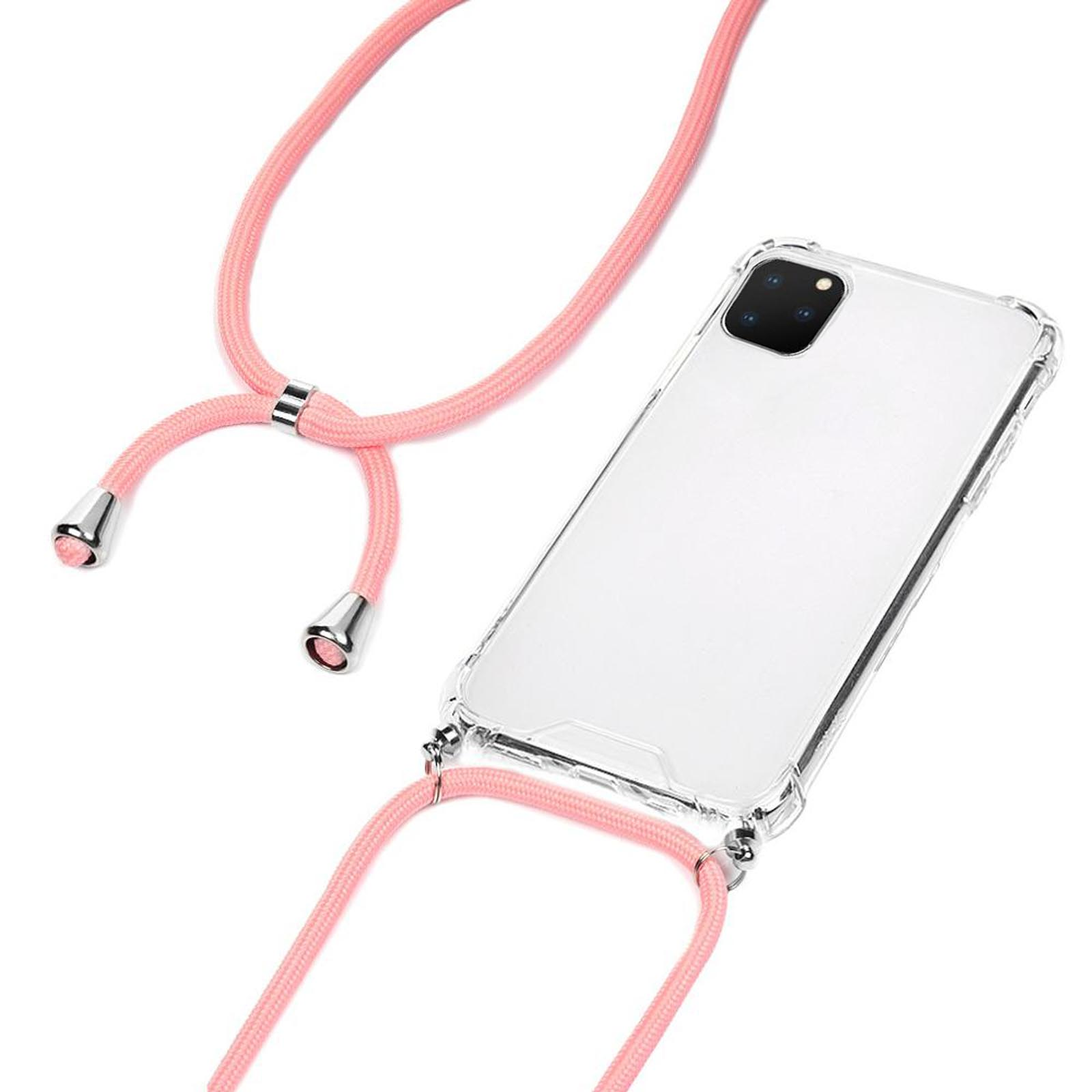 Rosa Handyhülle-Lanyard mit transparenter Handyhülle. Weißer Hintergrund.