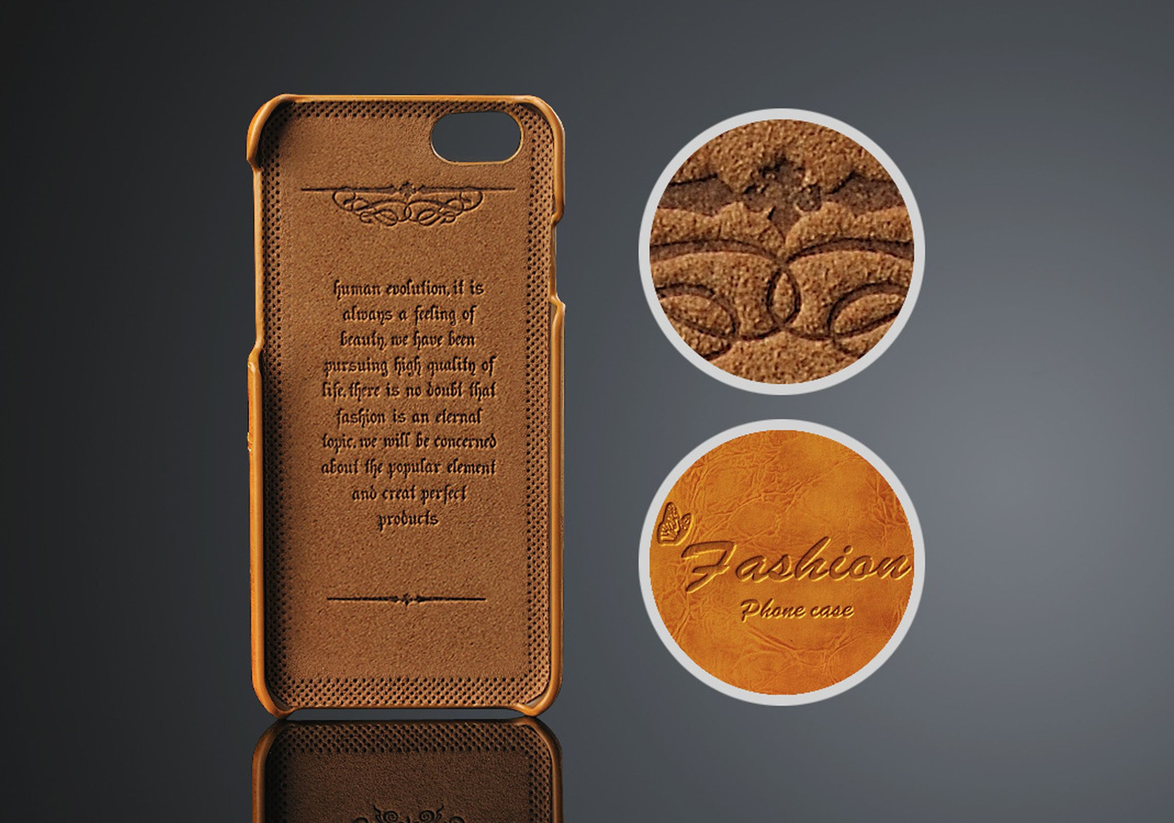 Eine braune Leder-Handyhülle mit Text- und Designdetails, Nahaufnahmen.