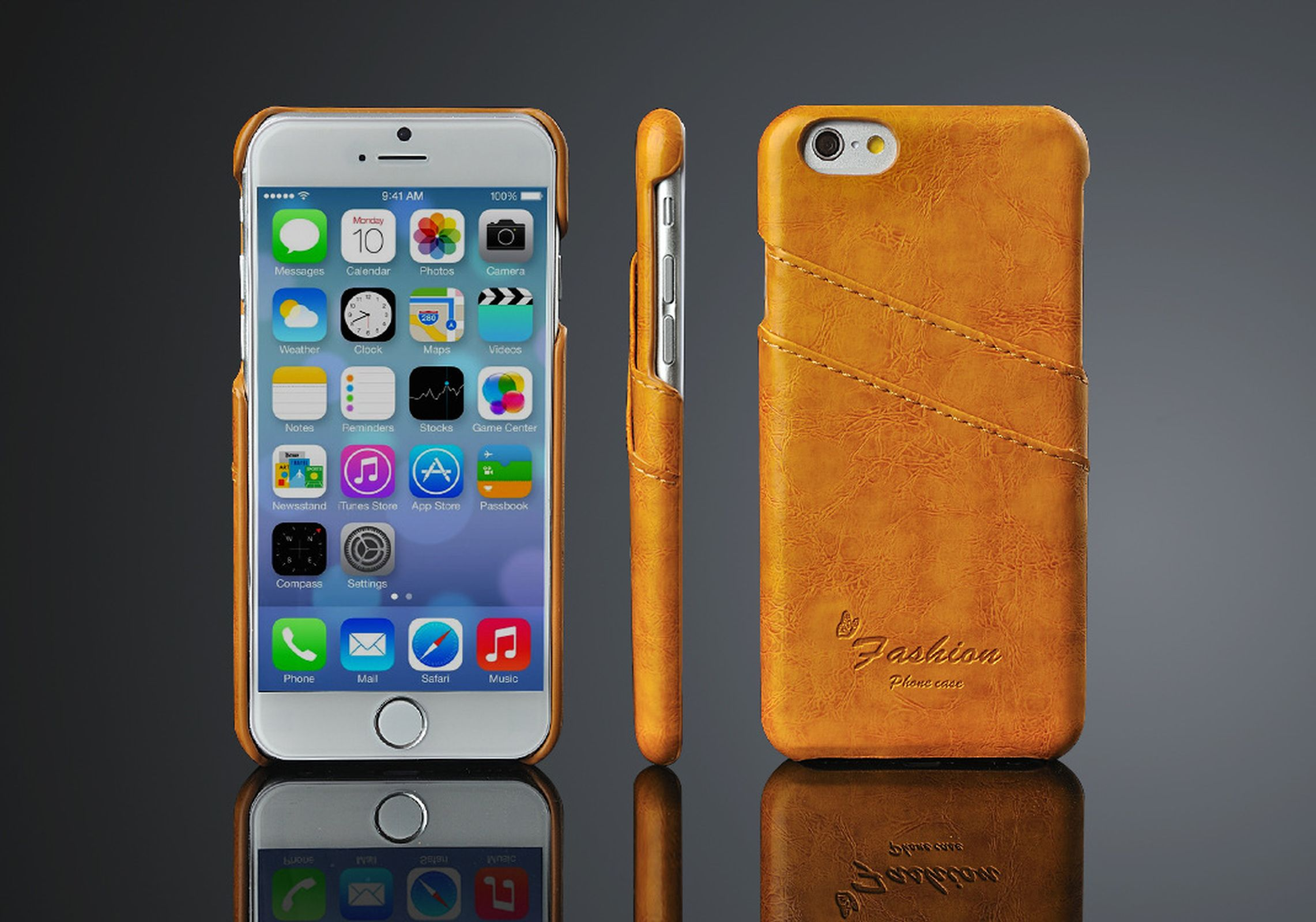 Goldene Handyhülle mit Telefon. Seitenansicht zeigt die Dünnheit. Schwarzer Hintergrund.