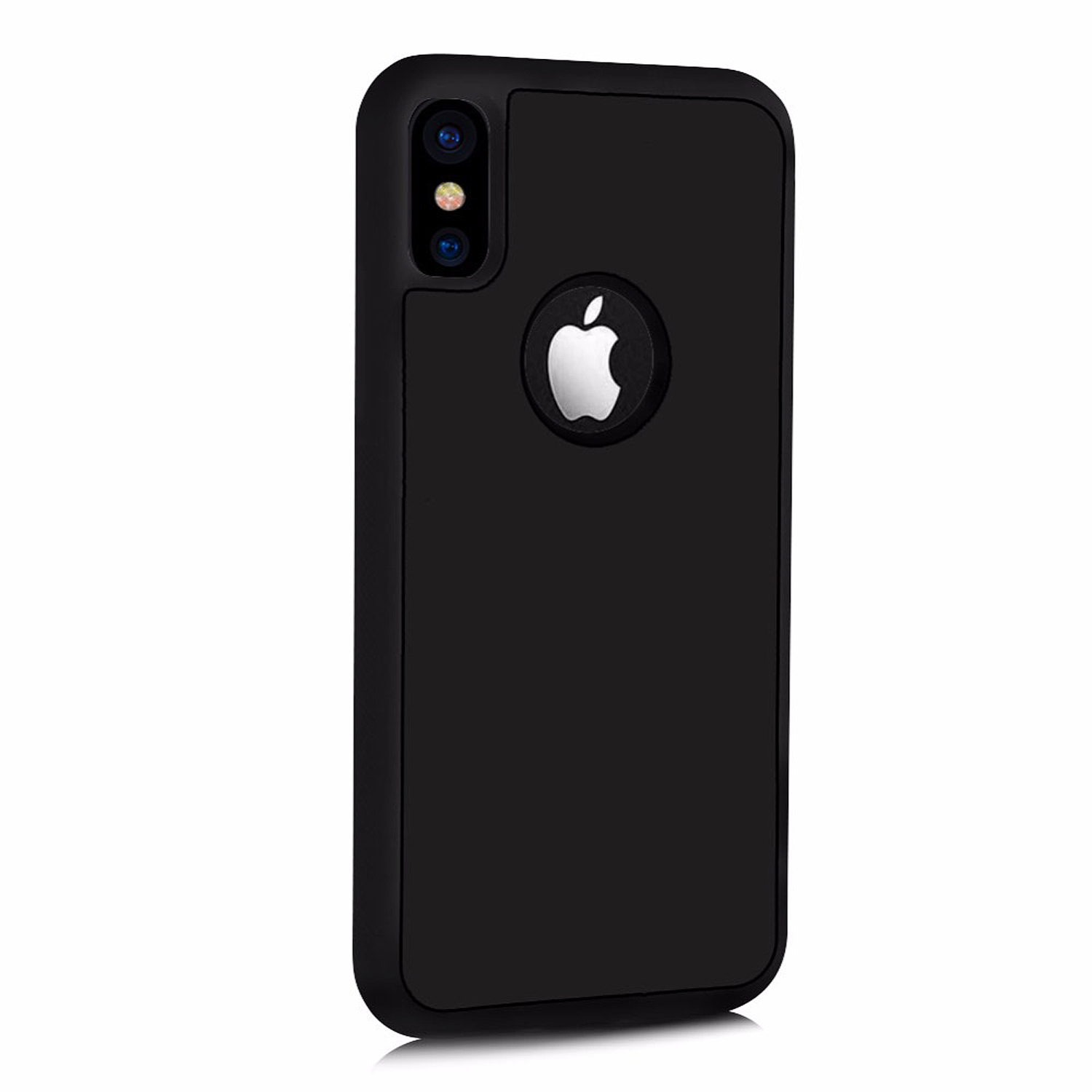 Eine schwarze Handyhülle mit dem Apple-Logo. Die Hülle ist glatt und hat einen Ausschnitt für die Kamera.