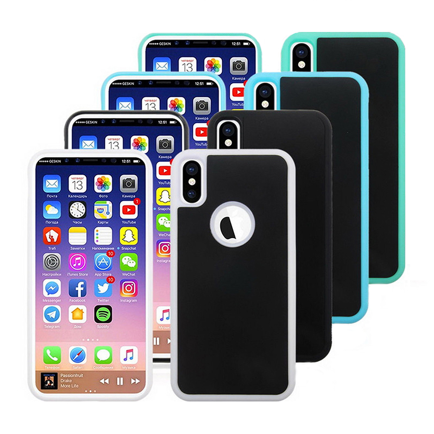 Verschiedene Handyhüllen mit Handys. Die Handys zeigen verschiedene Apps. Weißer Hintergrund.