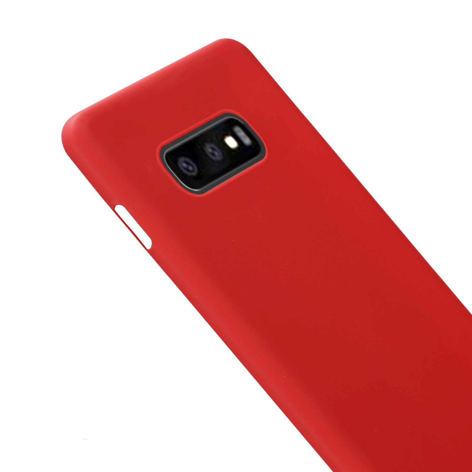 Eine rote Handyhülle mit Kameraausschnitt auf weißem Hintergrund.