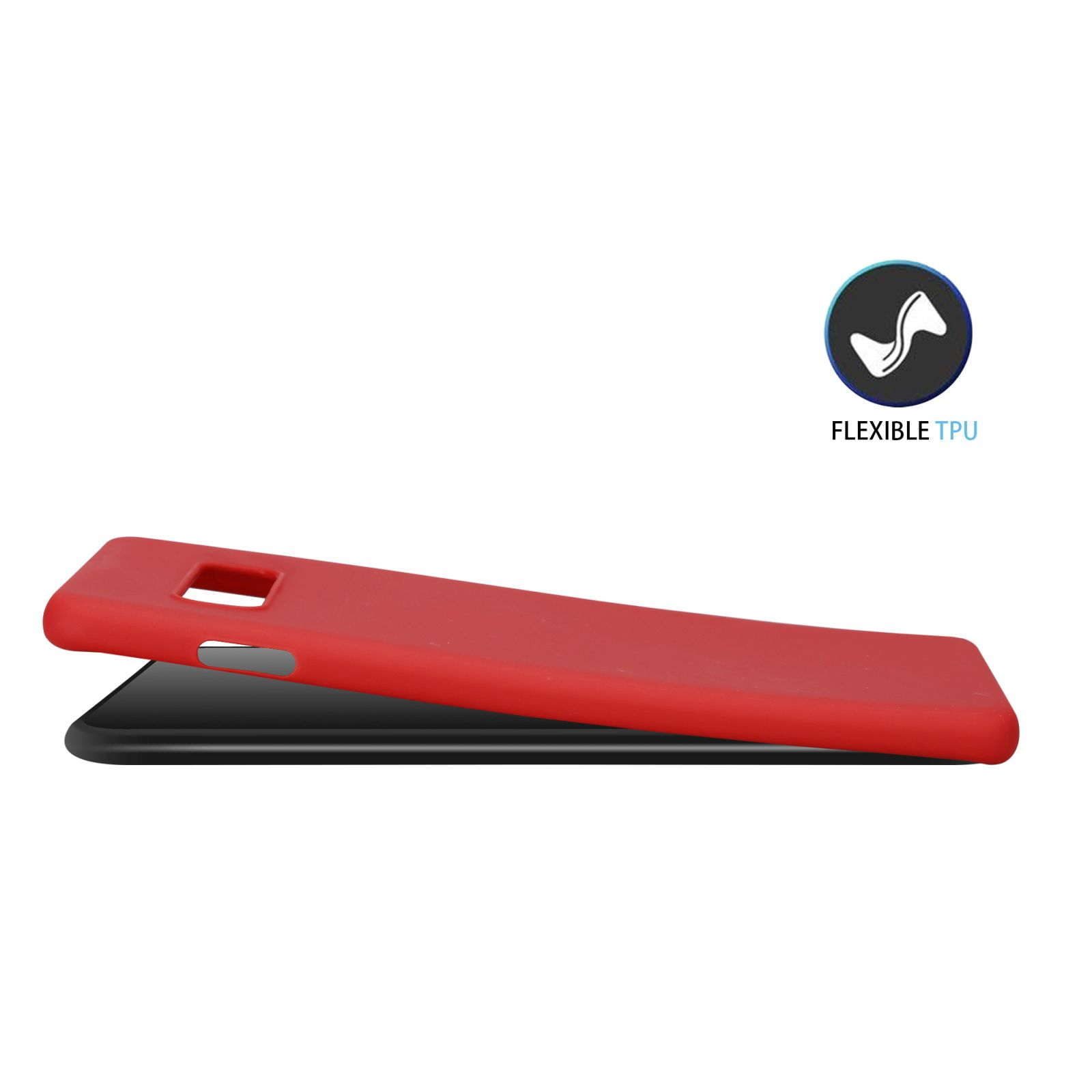 Rote Handyhülle über einem schwarzen Handy. Ein flexibles TPU-Etikett in der Ecke.