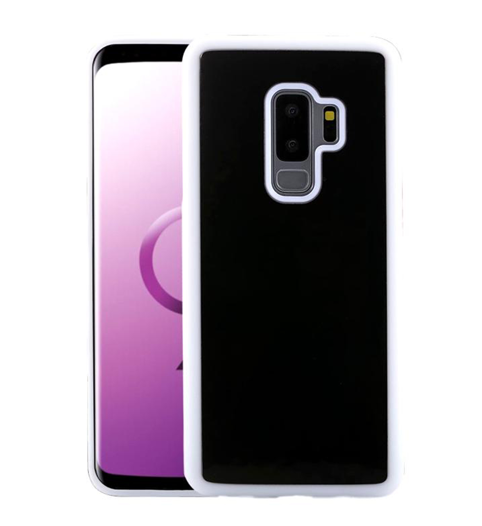 Schwarze Handyhülle mit weißem Rahmen, neben einem Telefon. Weißer Hintergrund.