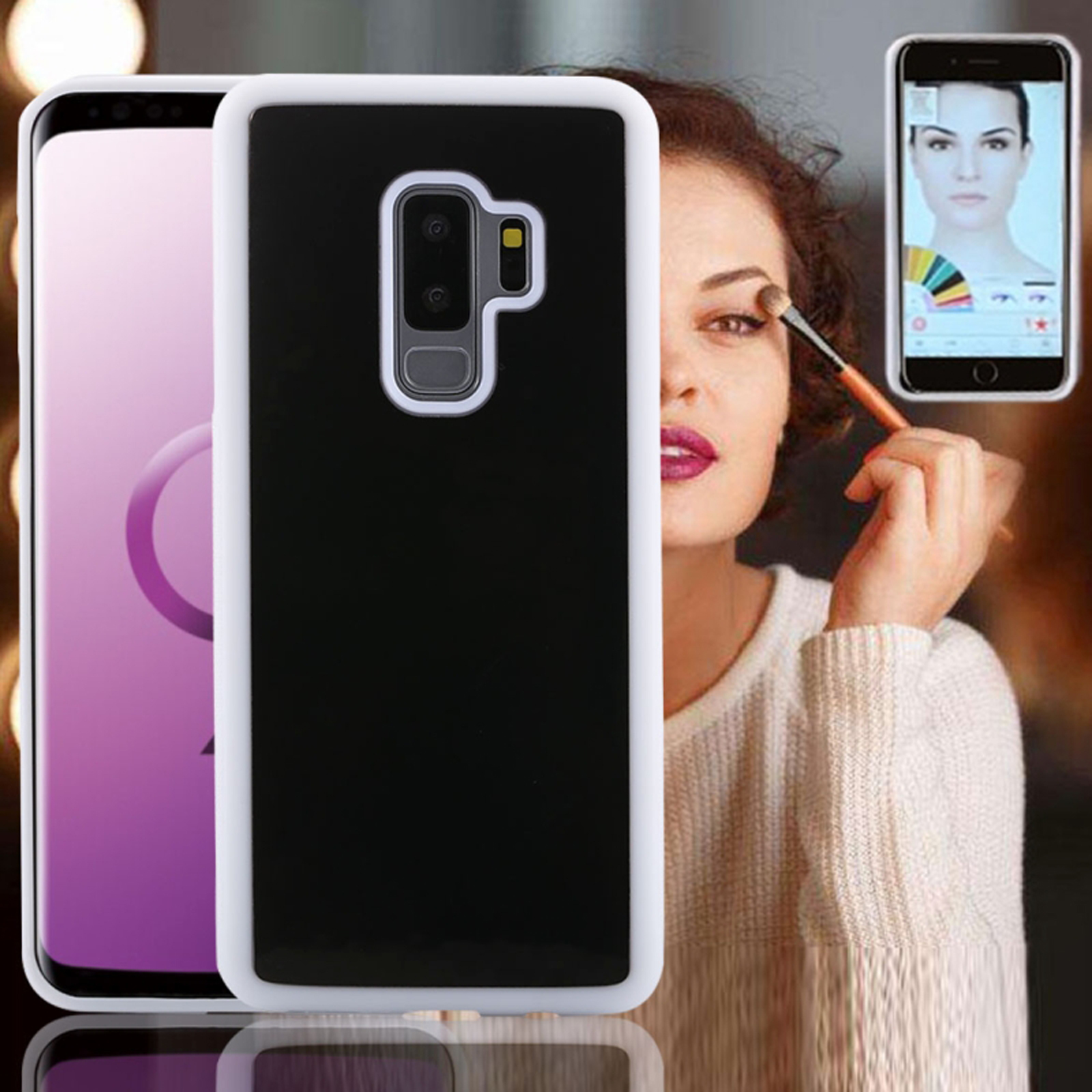 Eine Handyhülle mit Telefon und eine Frau, die Make-up aufträgt. Das Telefon zeigt eine Make-up-App.