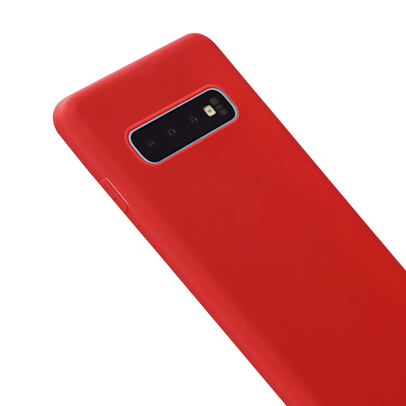 Eine rote Telefonhülle mit Kameraausbuchtung auf weißem Hintergrund, von oben schräg fotografiert.