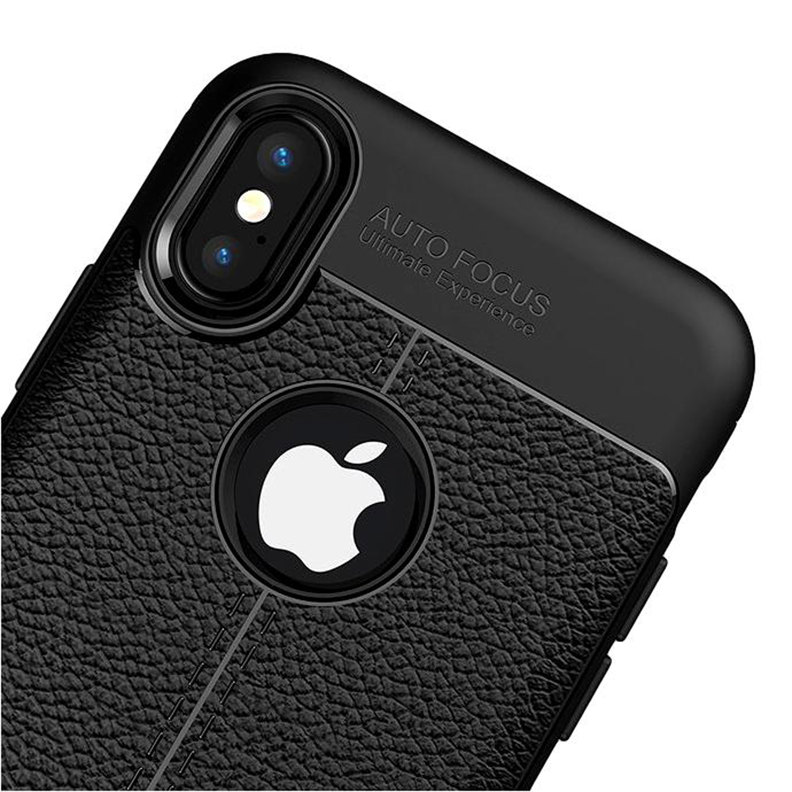 Eine schwarze Handyhülle mit schwarzer Lederstruktur, mit Apple-Logo und Text.