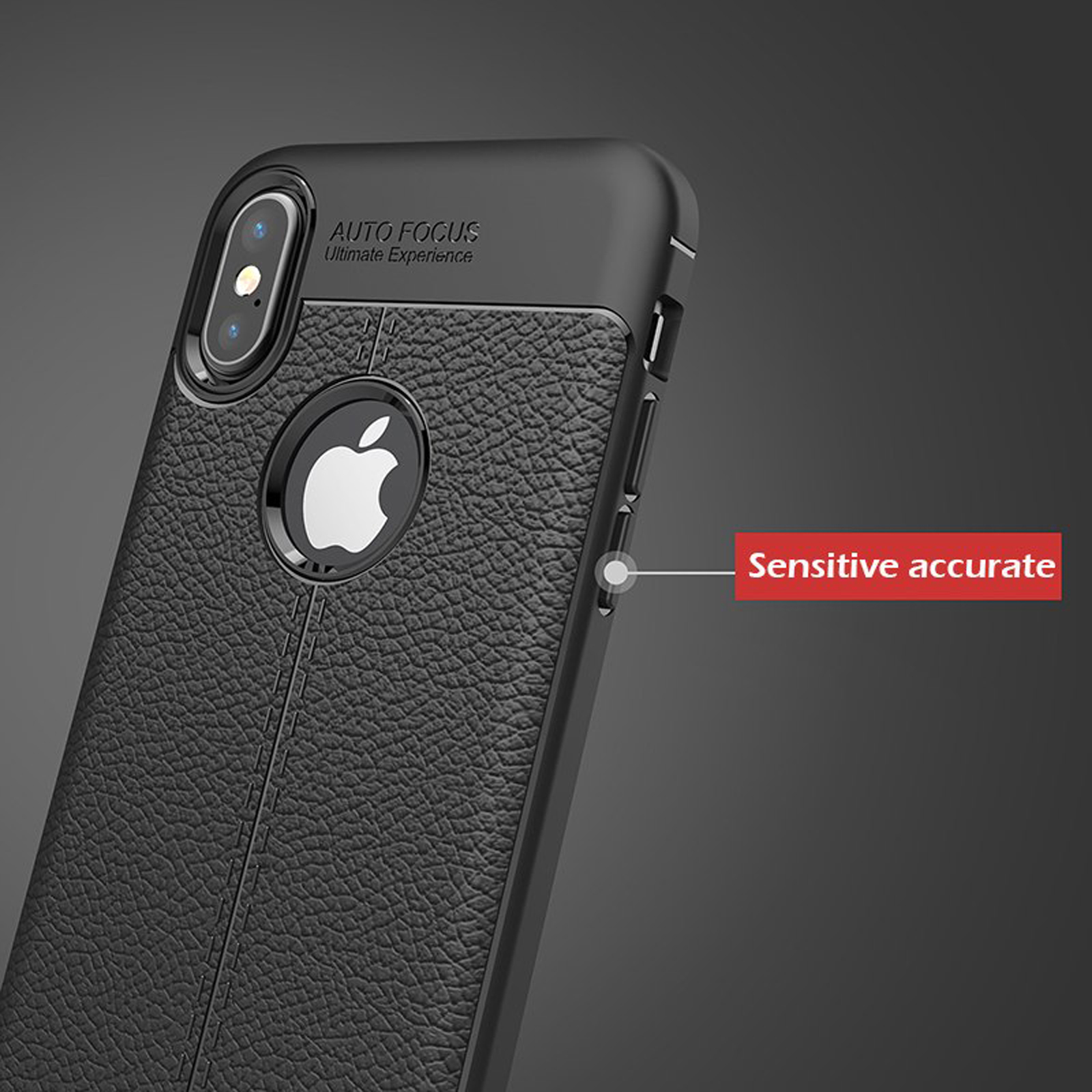 Schwarze Handyhülle mit Kameraausschnitt. Apple-Logo vorhanden. Text: 'Sensitive accurate'.
