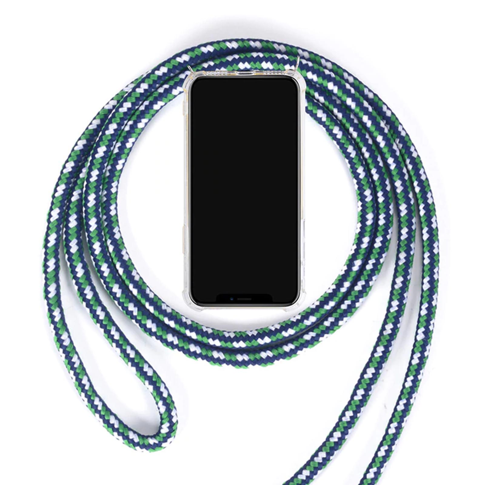 Telefon mit durchsichtiger Hülle und mehrfarbigem Umhängeband. Weißer Hintergrund.