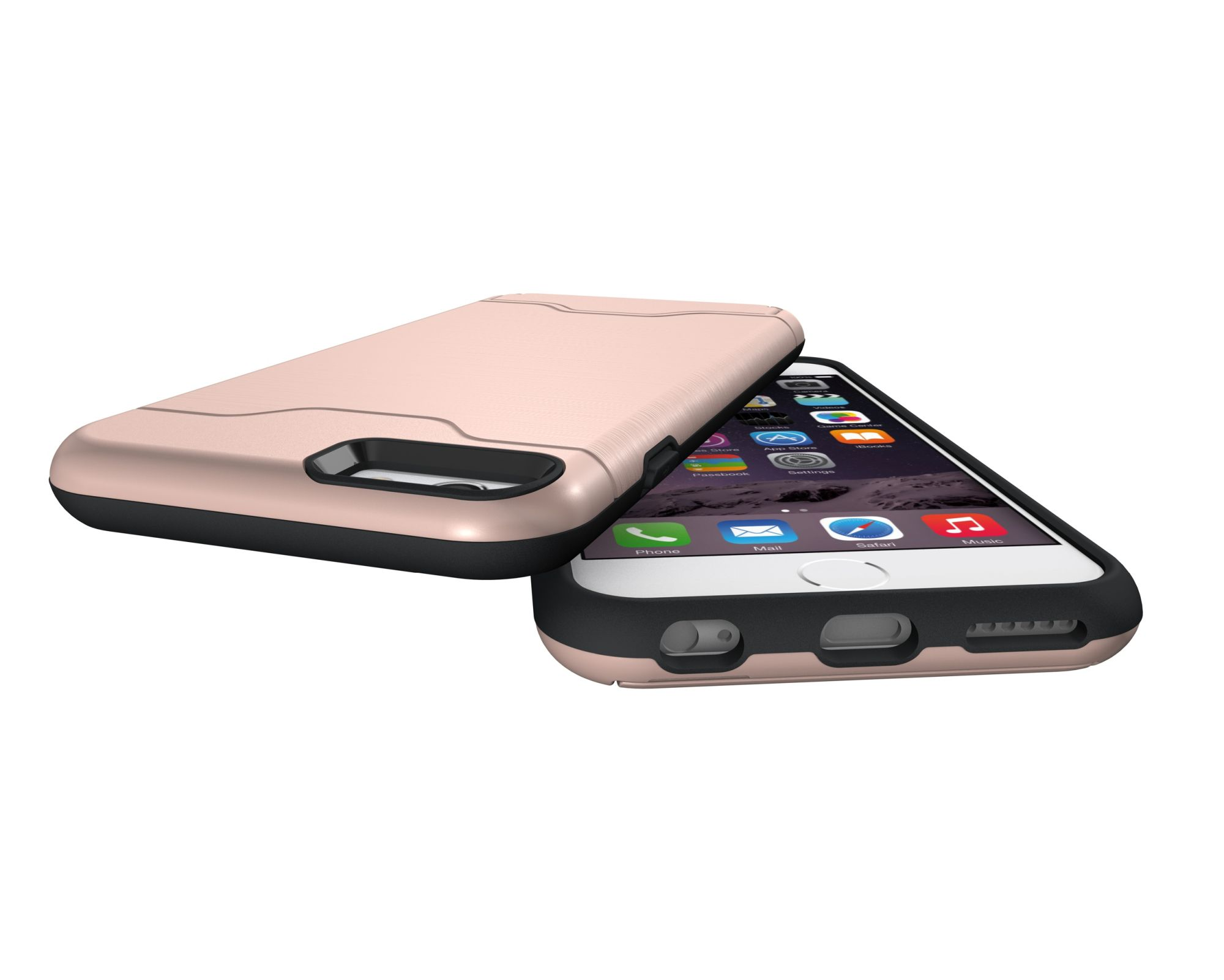 Roségoldene Handyhülle mit einem Handy darin. Auf der linken Seite befindet sich eine weitere Hülle. Weißer Hintergrund.