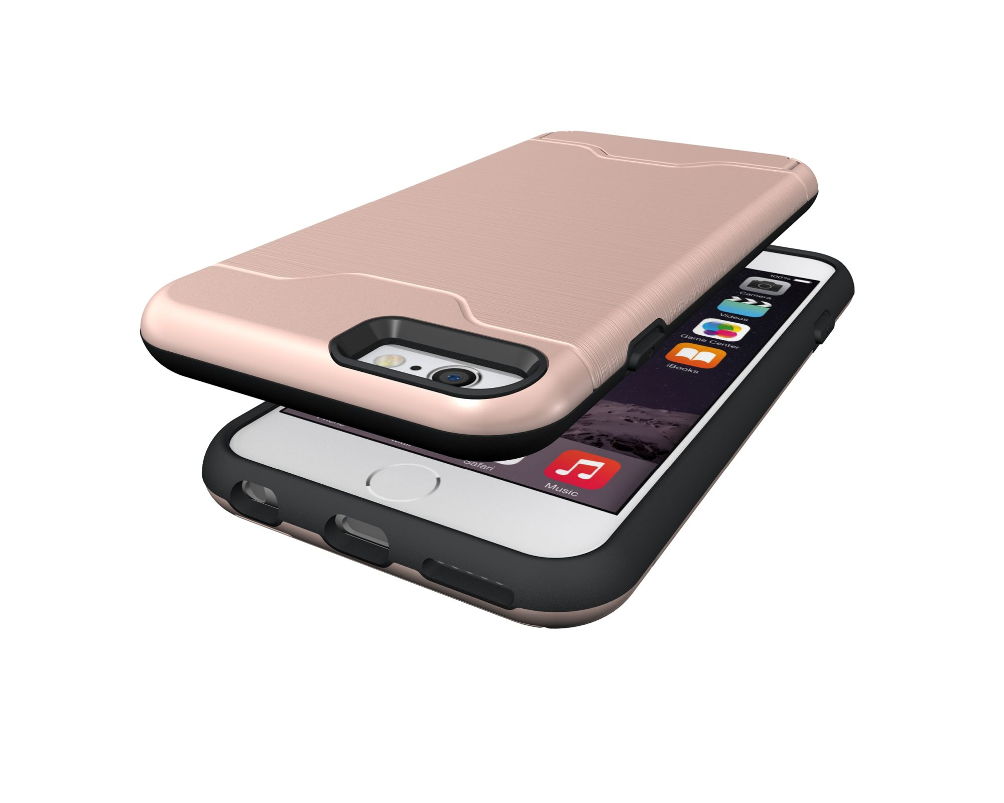 Eine roségoldene Handyhülle mit einem Telefon darin. Der Bildschirm des Telefons ist sichtbar.