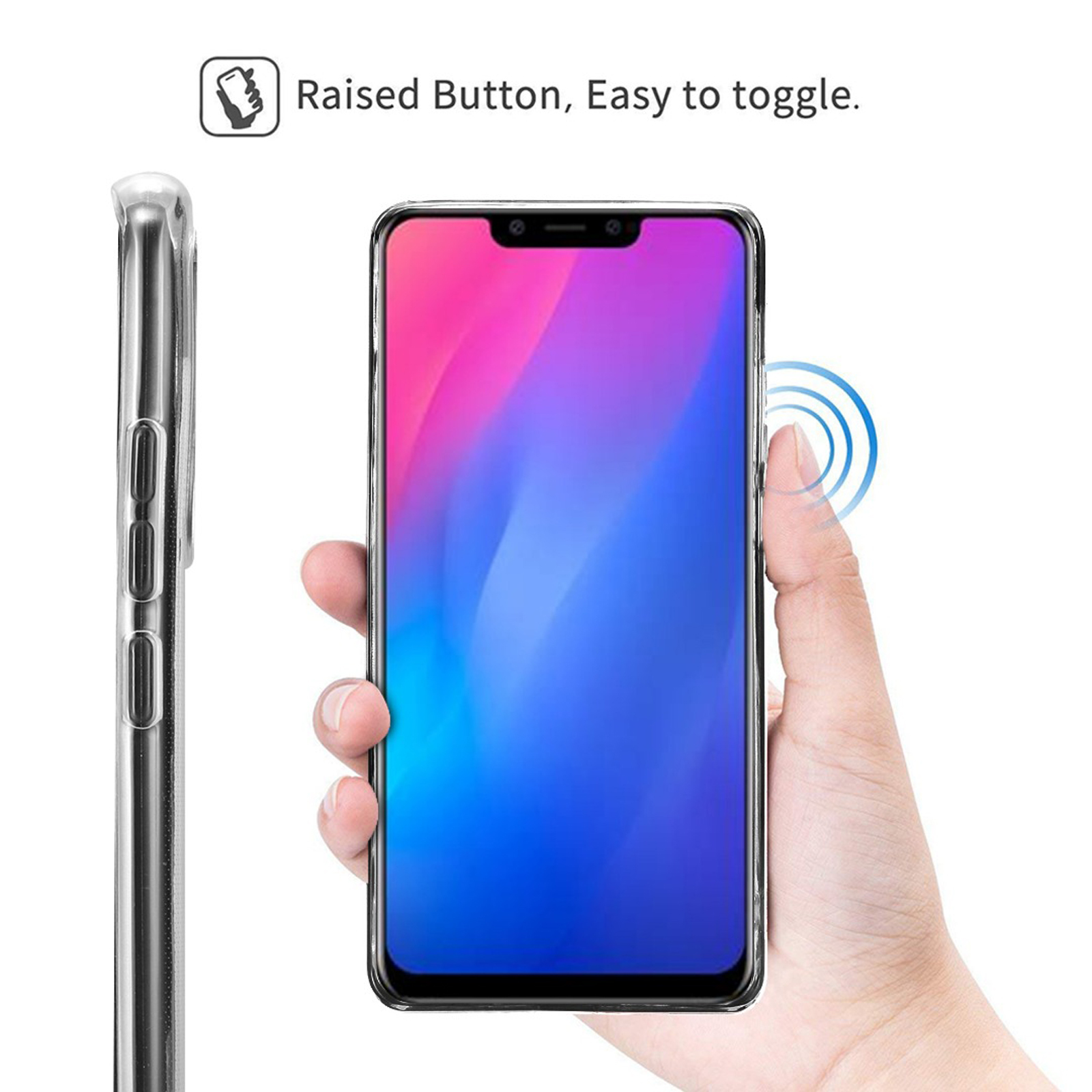 Hand hält Telefon in klarer Schutzhülle.