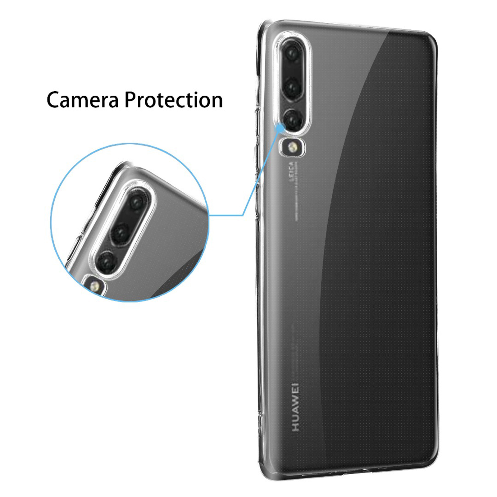 Eine transparente Handyhülle mit Telefon, die den Kameraschutz hervorhebt.