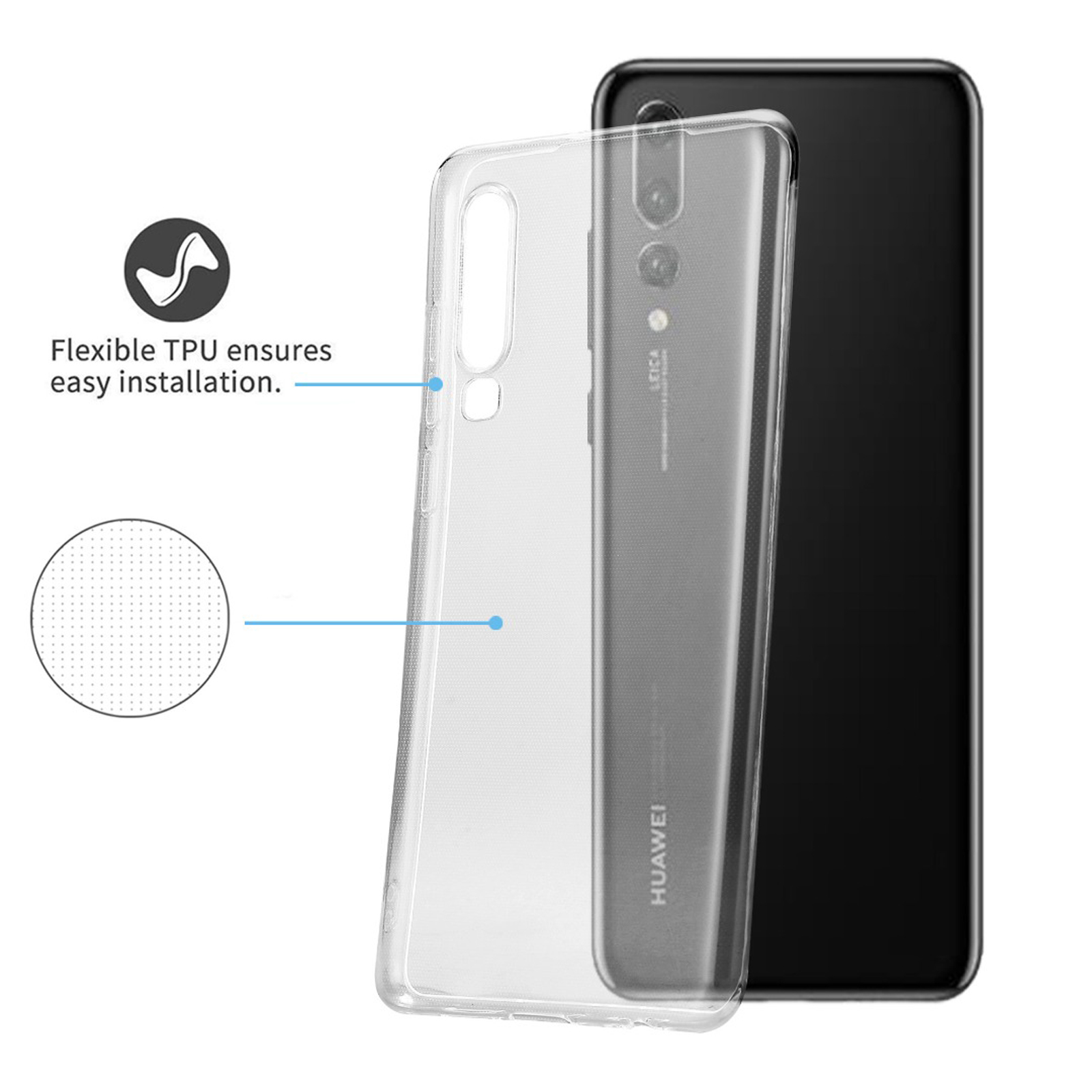 Handyhülle mit transparentem Rücken und flexiblen TPU-Seiten. Telefon teilweise sichtbar.