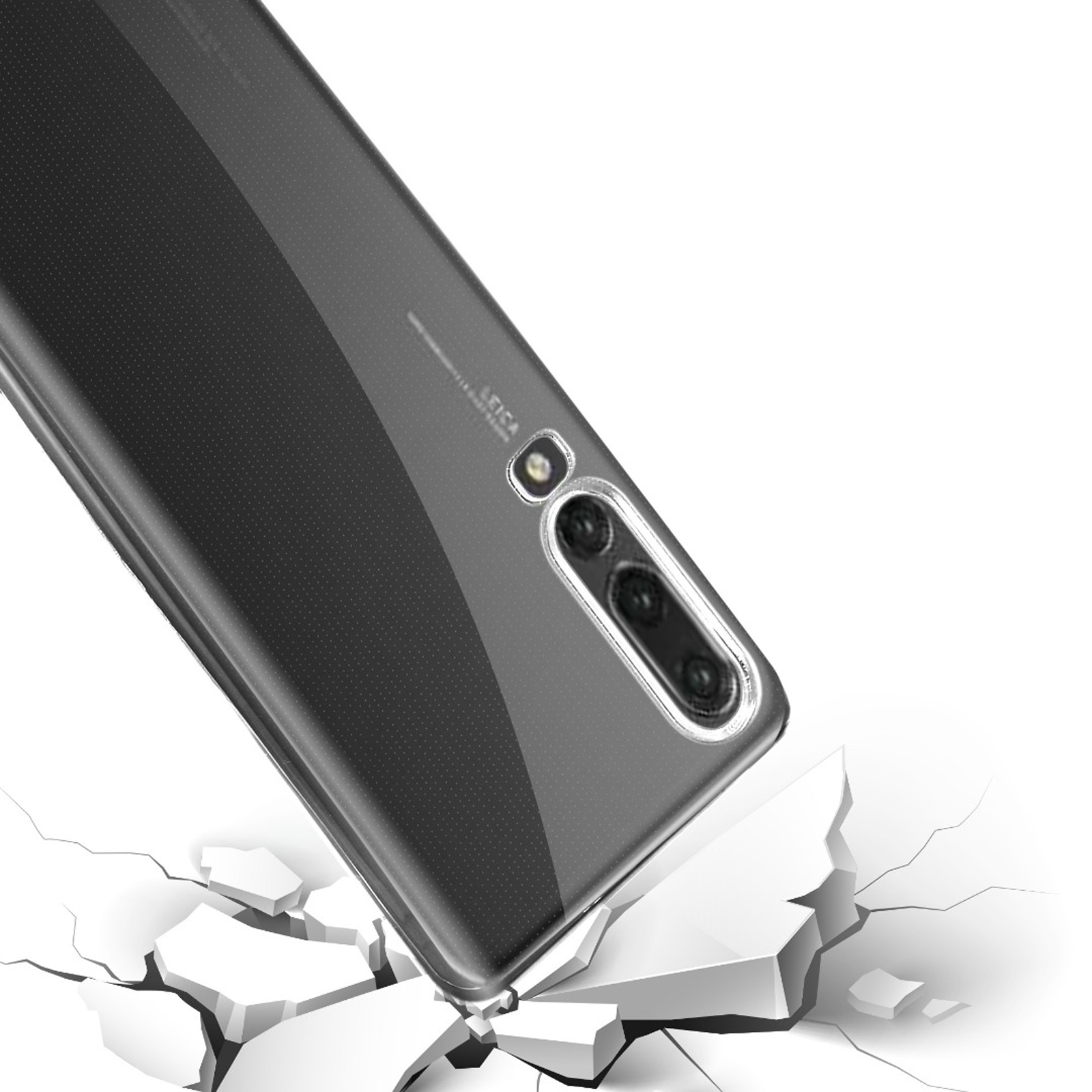 Telefon mit Kamera, klare Hülle. Telefon ist gerissen, auf zerbrochener Oberfläche.
