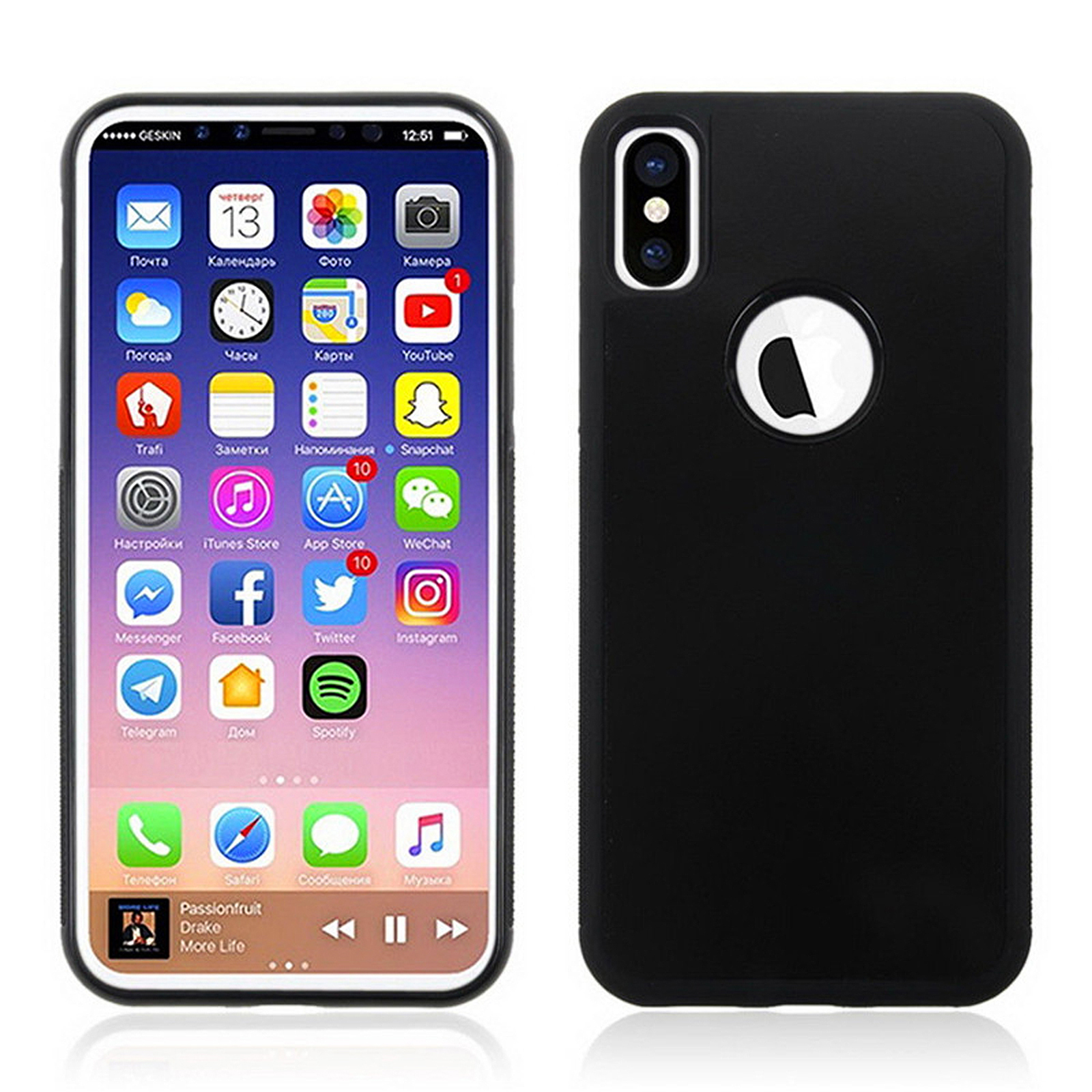 Ein schwarzes Telefon mit schwarzer Hülle, das den Bildschirm des Telefons und die Rückseite der Hülle zeigt.