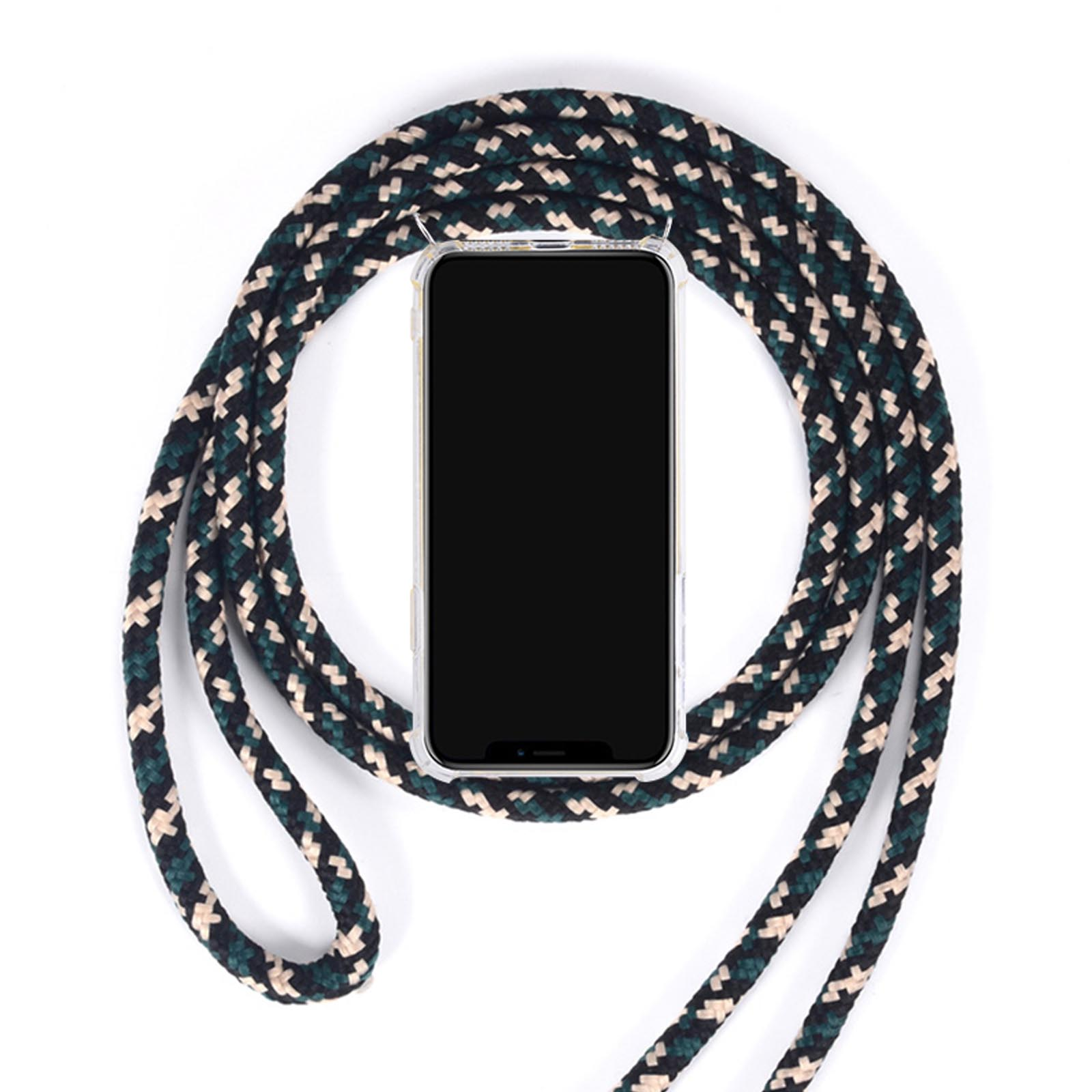 Ein Telefon mit klarer Hülle hängt in einem Seil. Das Seil ist grün, schwarz und weiß.