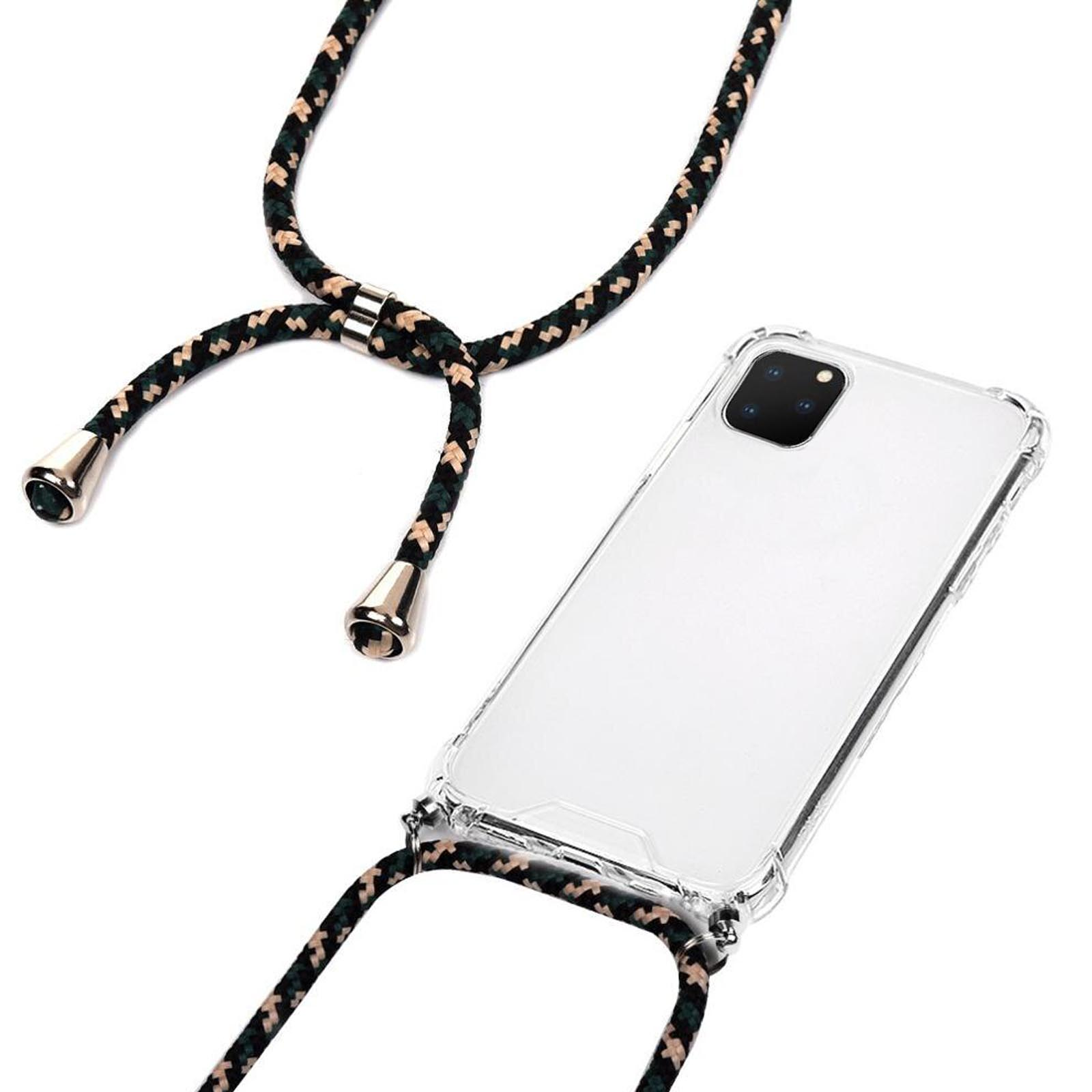 Transparente Handyhülle mit einem gestreiften, mehrfarbigen Lanyard. Das Lanyard ist schwarz, grün und beige.