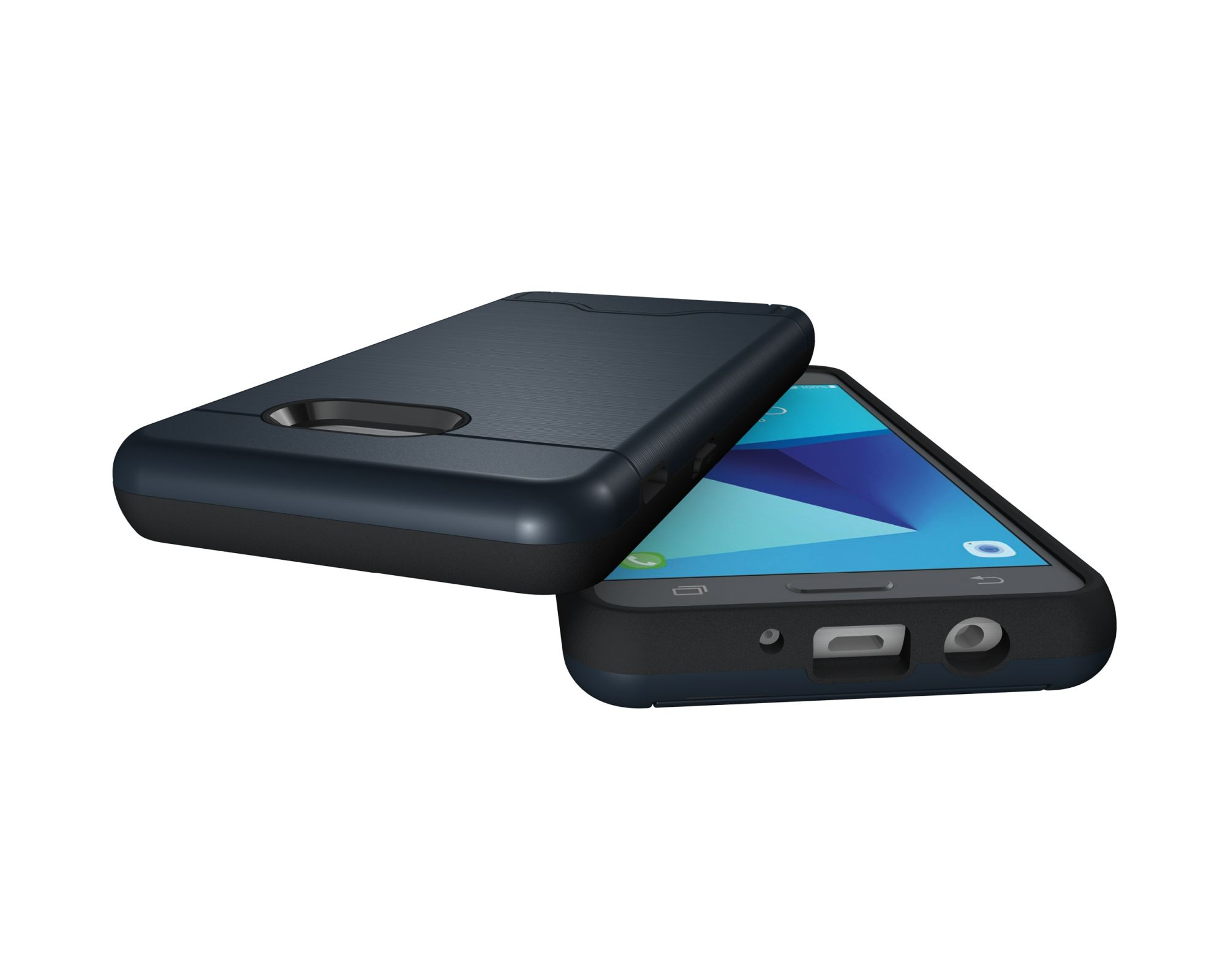 Dunkelblaue Handyhülle mit Telefon darin. Schwarz-weißer Hintergrund.