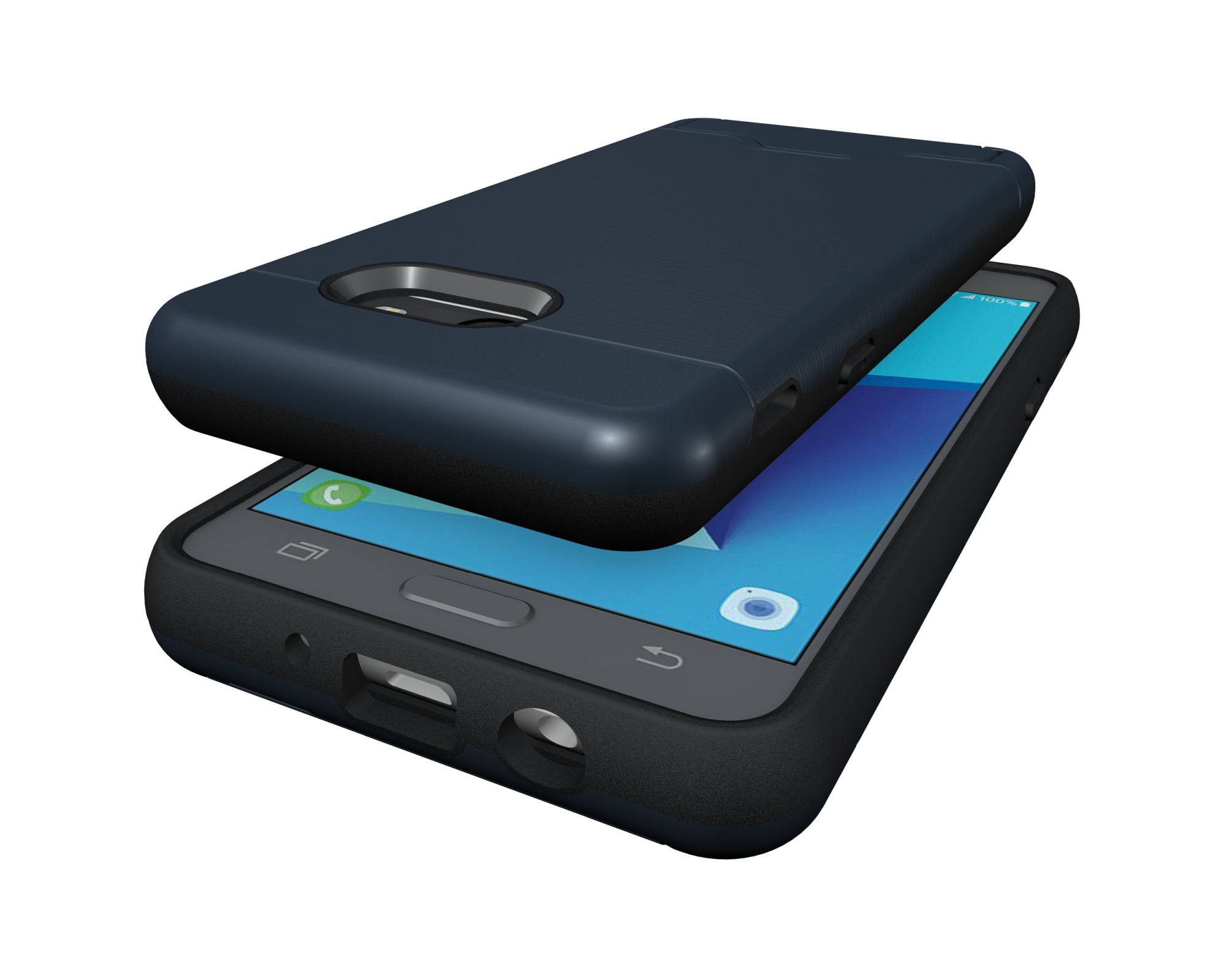 Schwarze Handyhülle auf einem Telefon. Das Telefon ist schwarz mit blauem Bildschirm.
