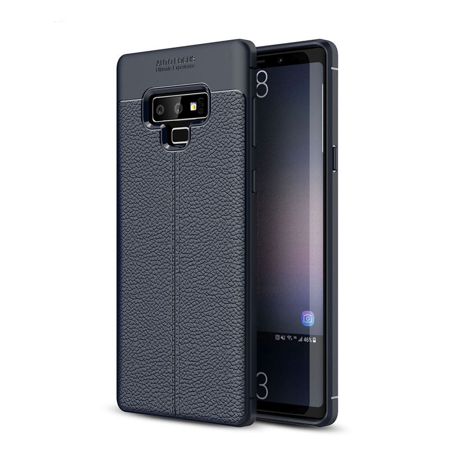 Eine dunkelblaue Handyhülle mit strukturierter Oberfläche, mit einem Telefon darin, das einen Bildschirm zeigt.